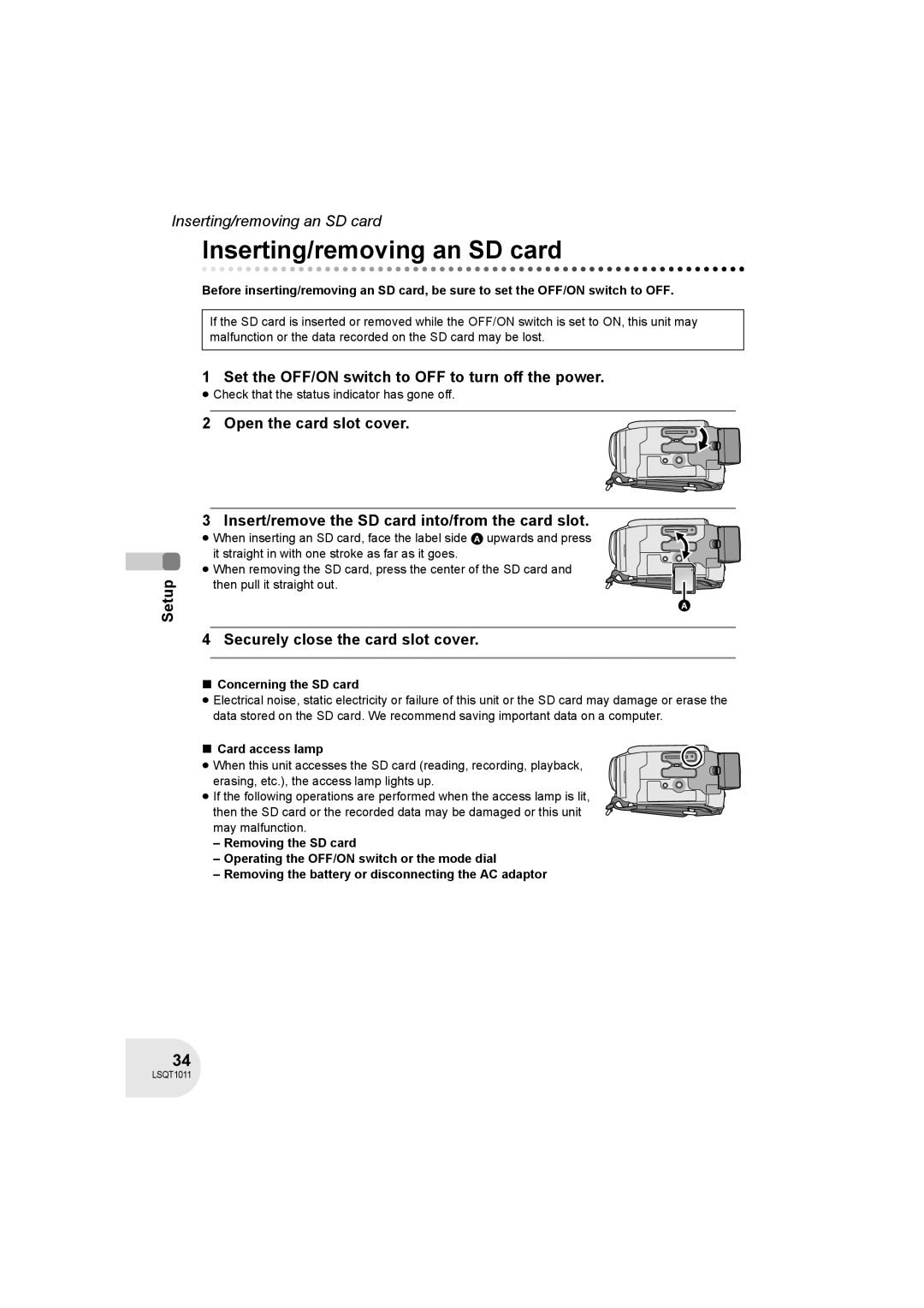 Panasonic VDR-D300 Inserting/removing an SD card, Set the OFF/ON switch to OFF to turn off the power, Card access lamp 