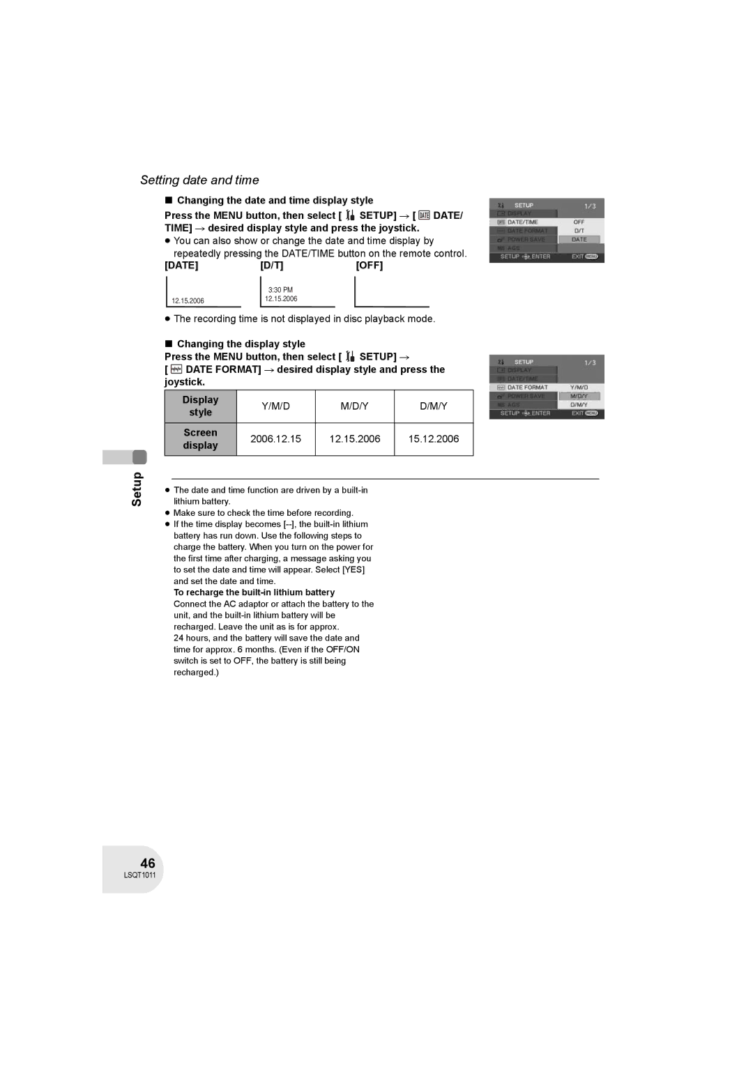 Panasonic VDR-D300 Date OFF, ≥ The recording time is not displayed in disc playback mode, 2006.12.15 12.15.2006 15.12.2006 