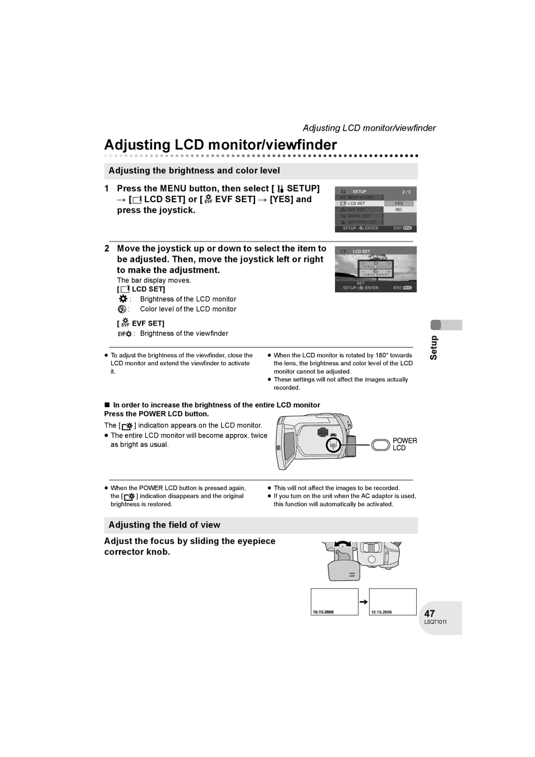 Panasonic VDR-D300 operating instructions Adjusting LCD monitor/viewfinder, Bar display moves, Lcd Set, Evf Evf Set 