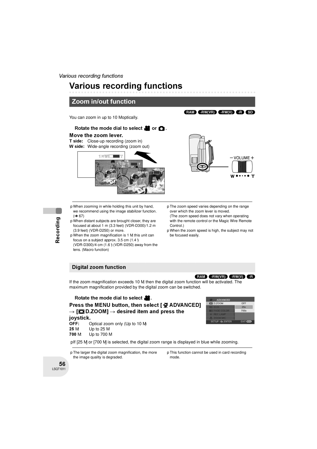 Panasonic VDR-D300 Various recording functions, Zoom in/out function, Move the zoom lever, Digital zoom function 