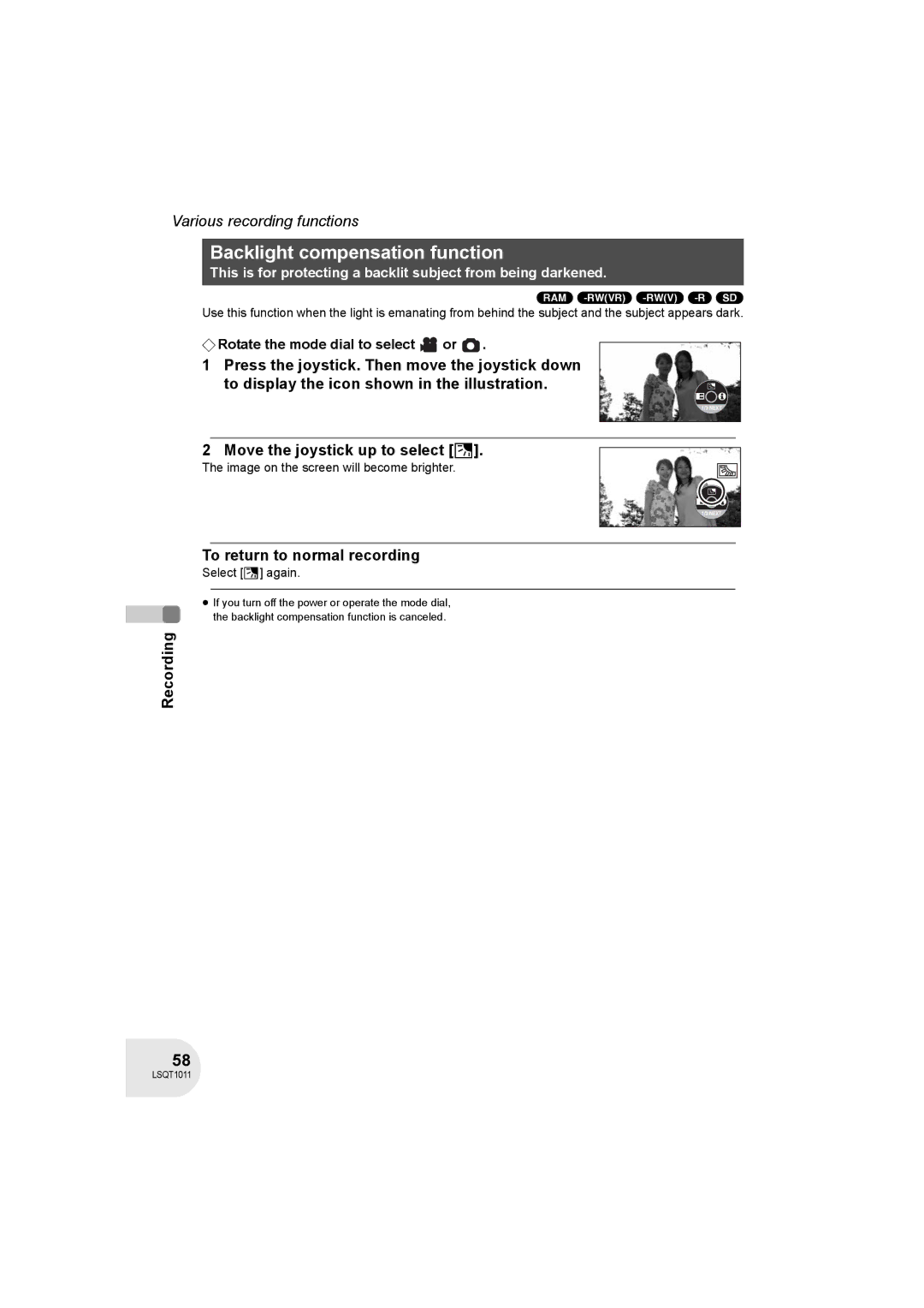 Panasonic VDR-D300 operating instructions Backlight compensation function, To return to normal recording, Select ª again 