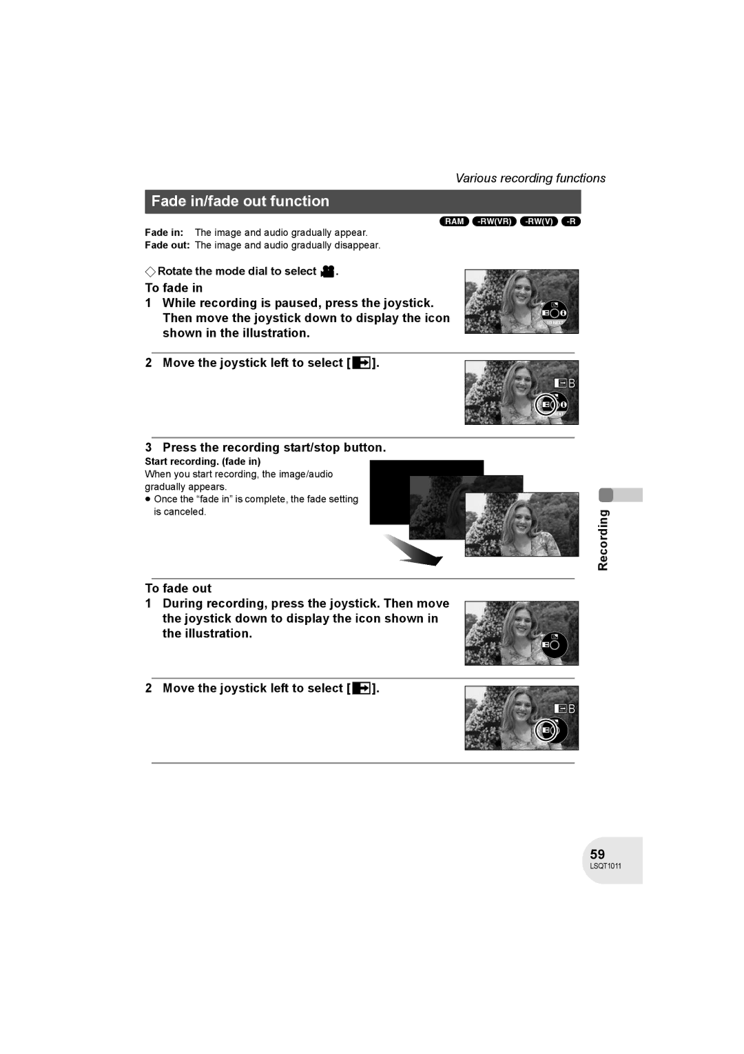 Panasonic VDR-D300 Fade in/fade out function, Press the recording start/stop button, Start recording. fade 