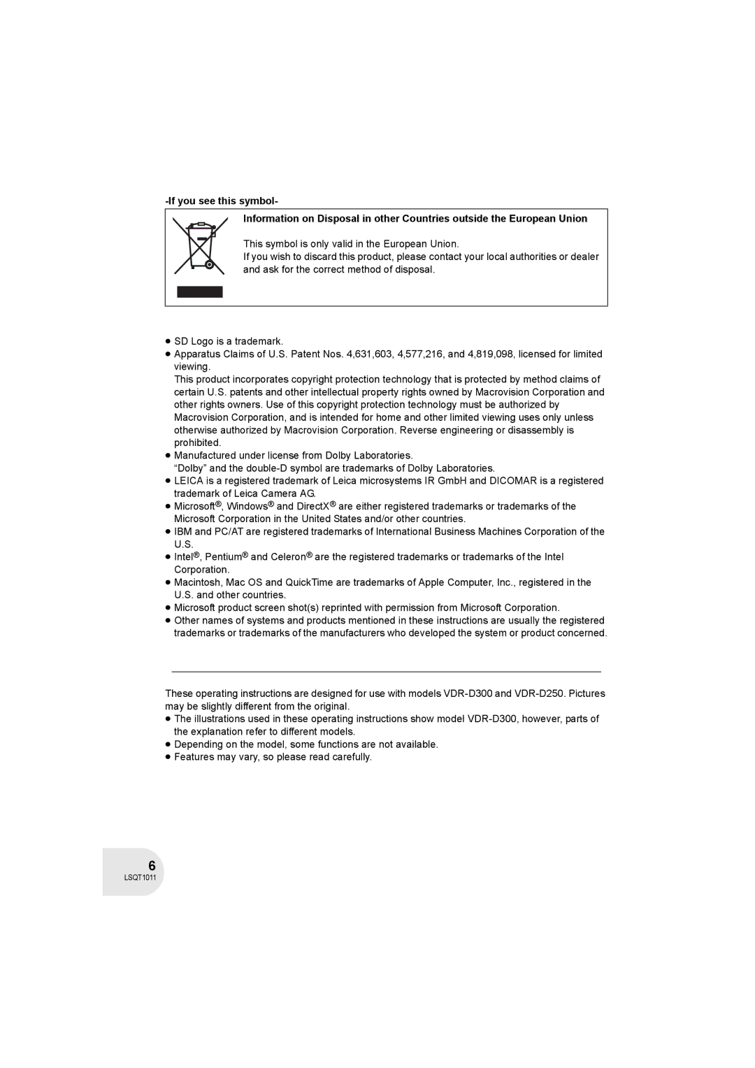 Panasonic VDR-D300 operating instructions LSQT1011 