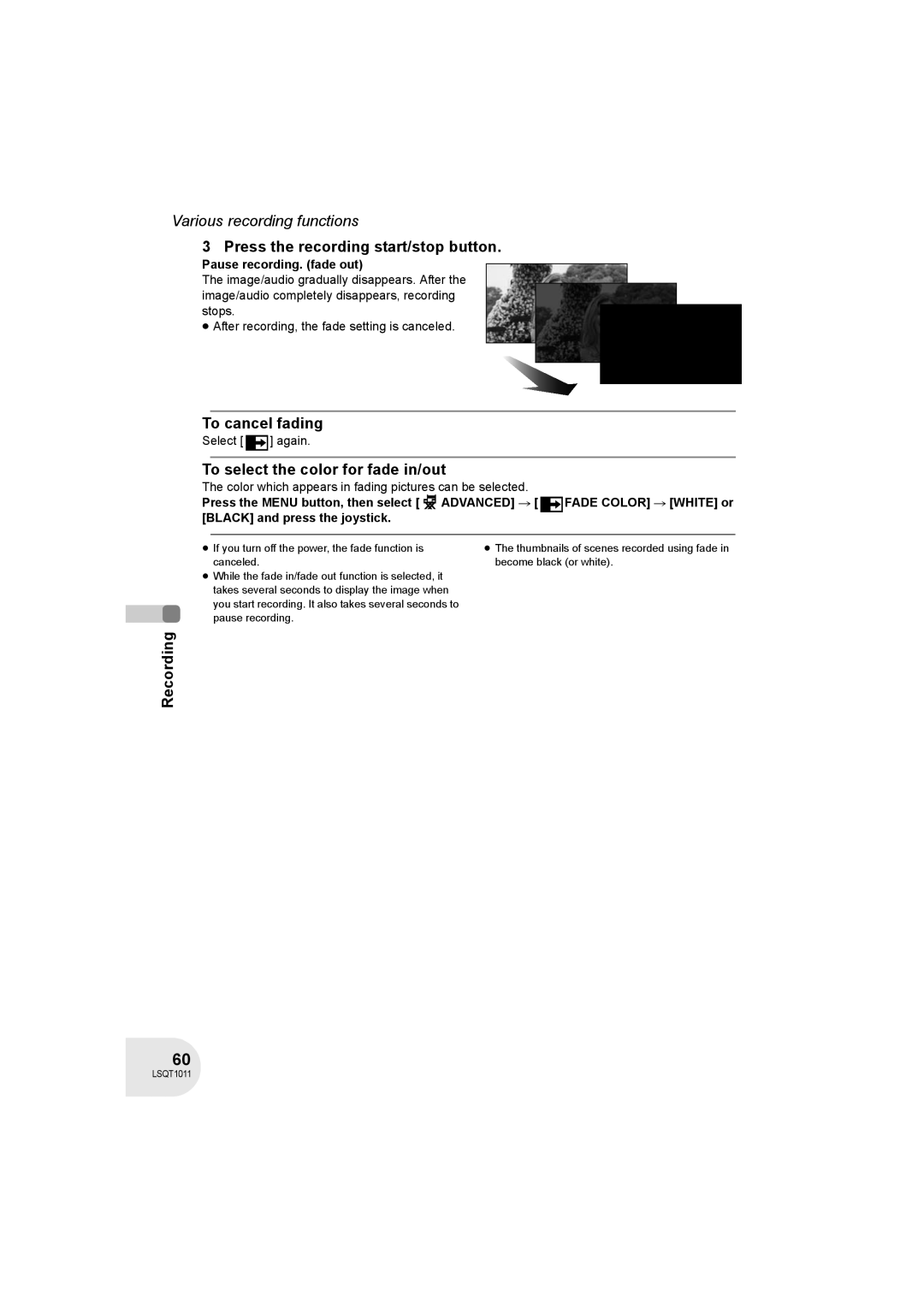 Panasonic VDR-D300 To cancel fading, To select the color for fade in/out, Pause recording. fade out, Select again 