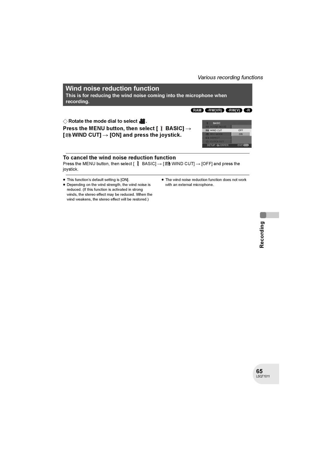 Panasonic VDR-D300 operating instructions Wind noise reduction function, Ram -Rw‹Vr› -Rw‹V› -R 