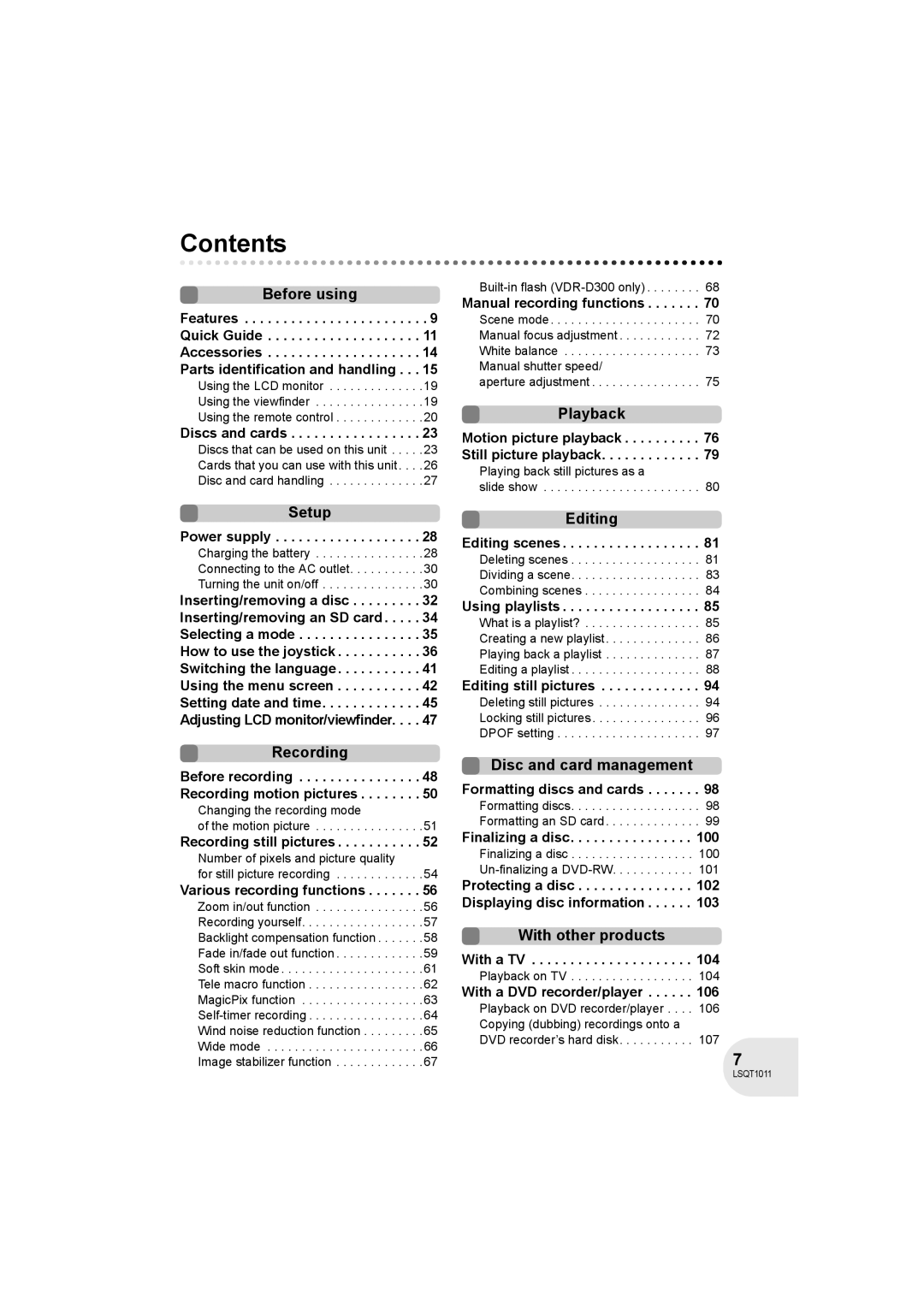 Panasonic VDR-D300 operating instructions Contents 