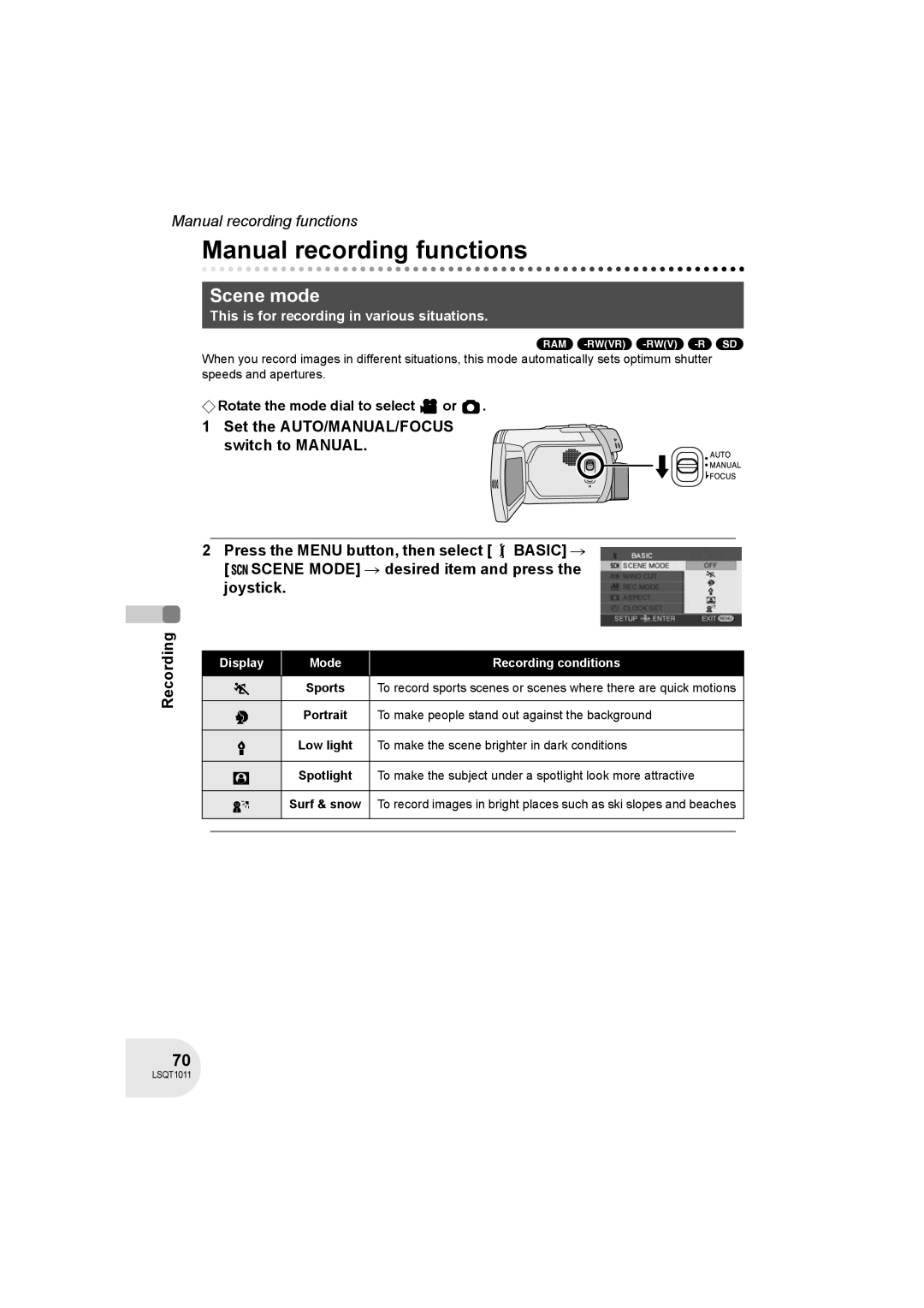 Panasonic VDR-D300 Manual recording functions, Scene mode, To make people stand out against the background 