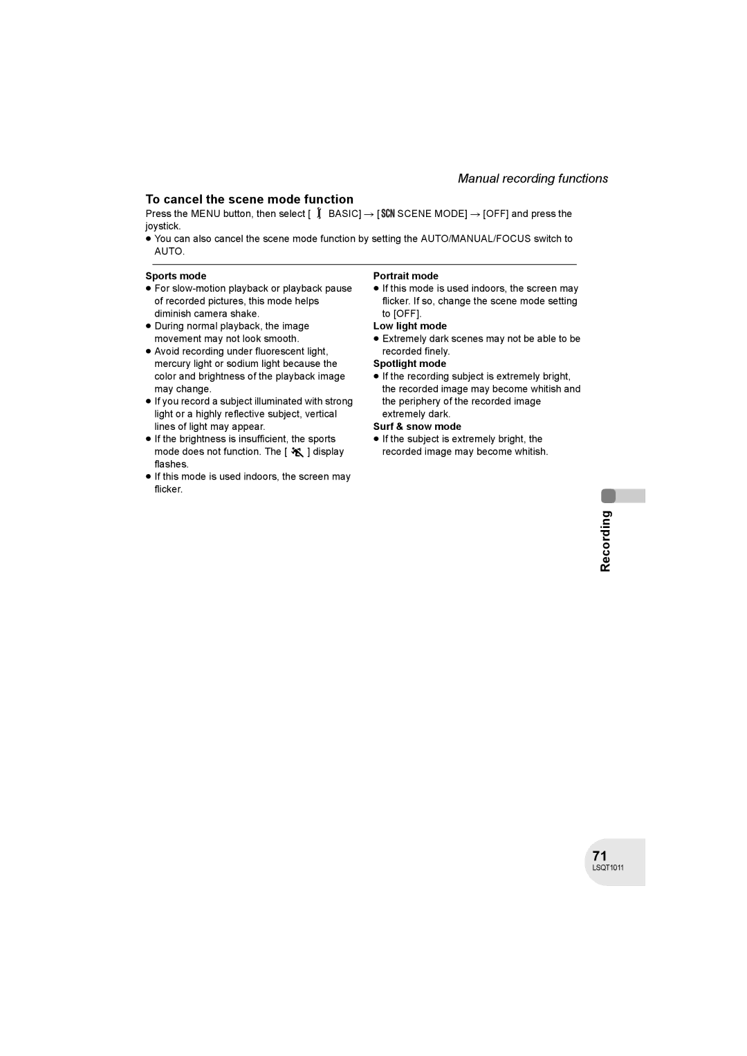 Panasonic VDR-D300 operating instructions To cancel the scene mode function 