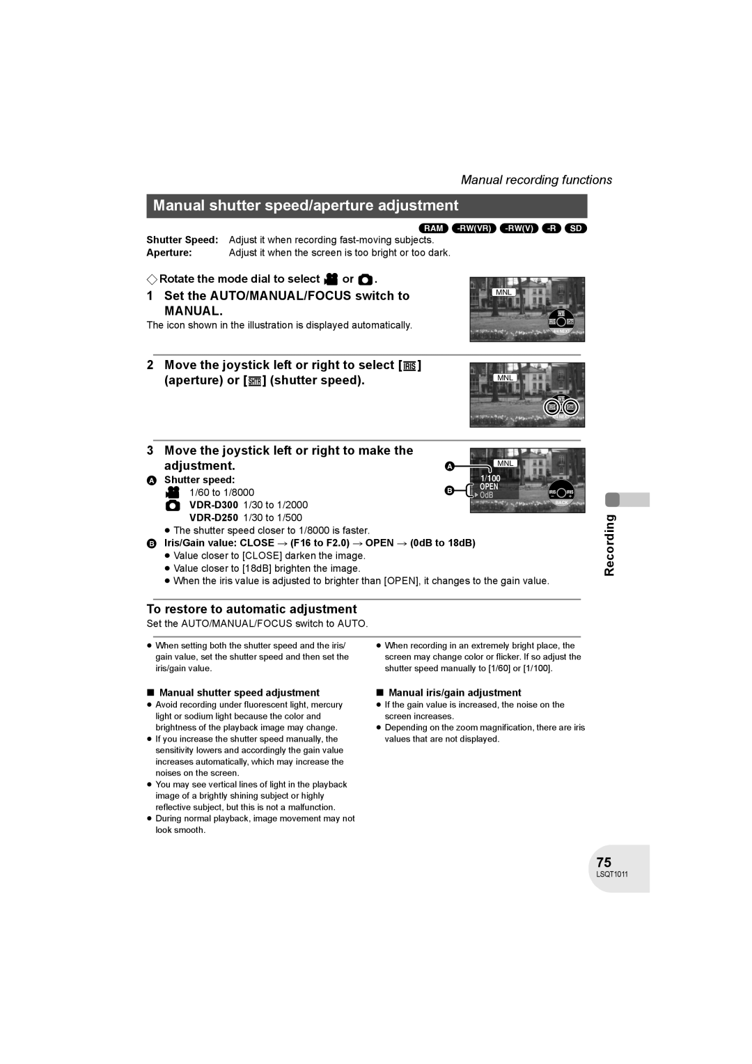 Panasonic VDR-D300 Manual shutter speed/aperture adjustment, Move the joystick left or right to make Adjustment 