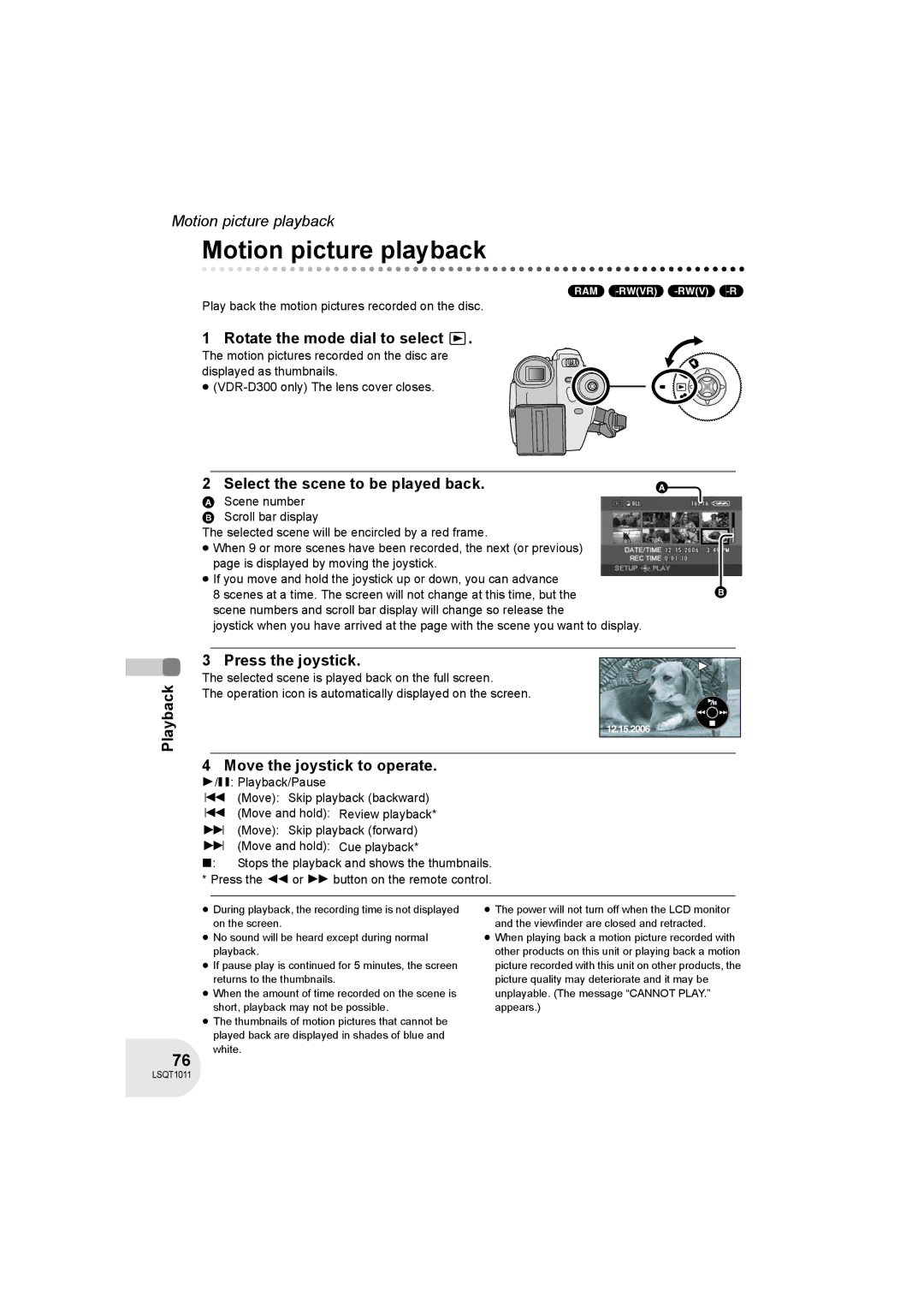 Panasonic VDR-D300 Motion picture playback, Select the scene to be played back, Playback Press the joystick 