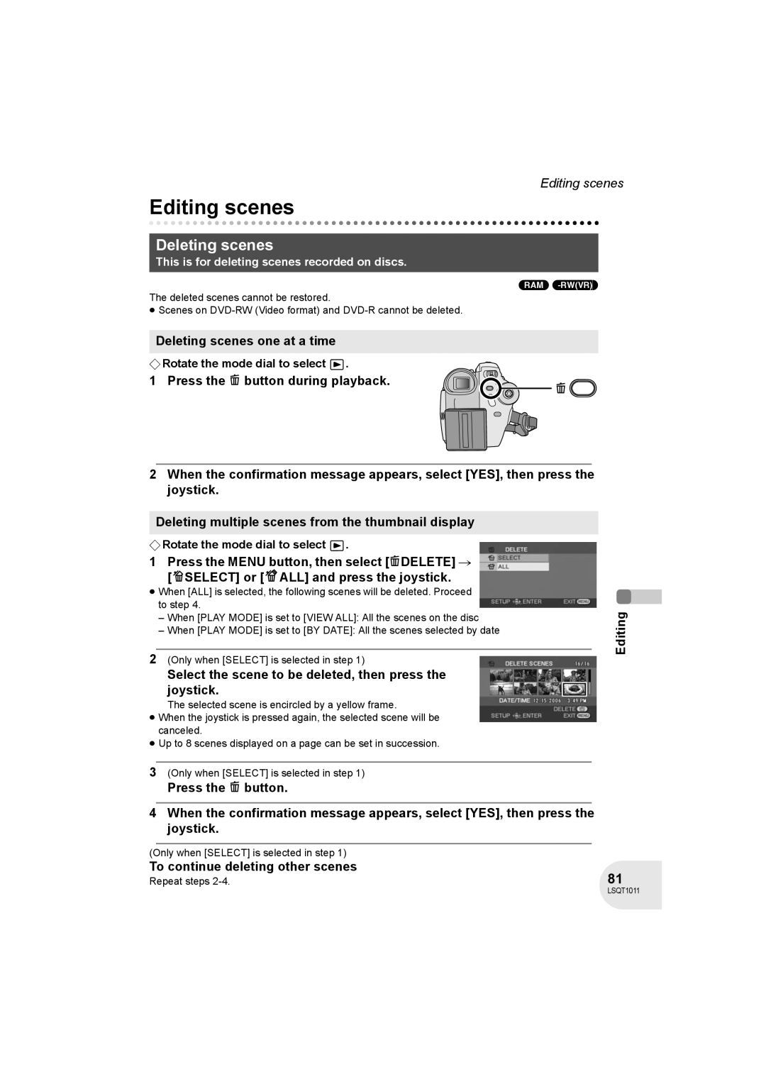 Panasonic VDR-D300 Editing scenes, Deleting scenes one at a time, To continue deleting other scenes 