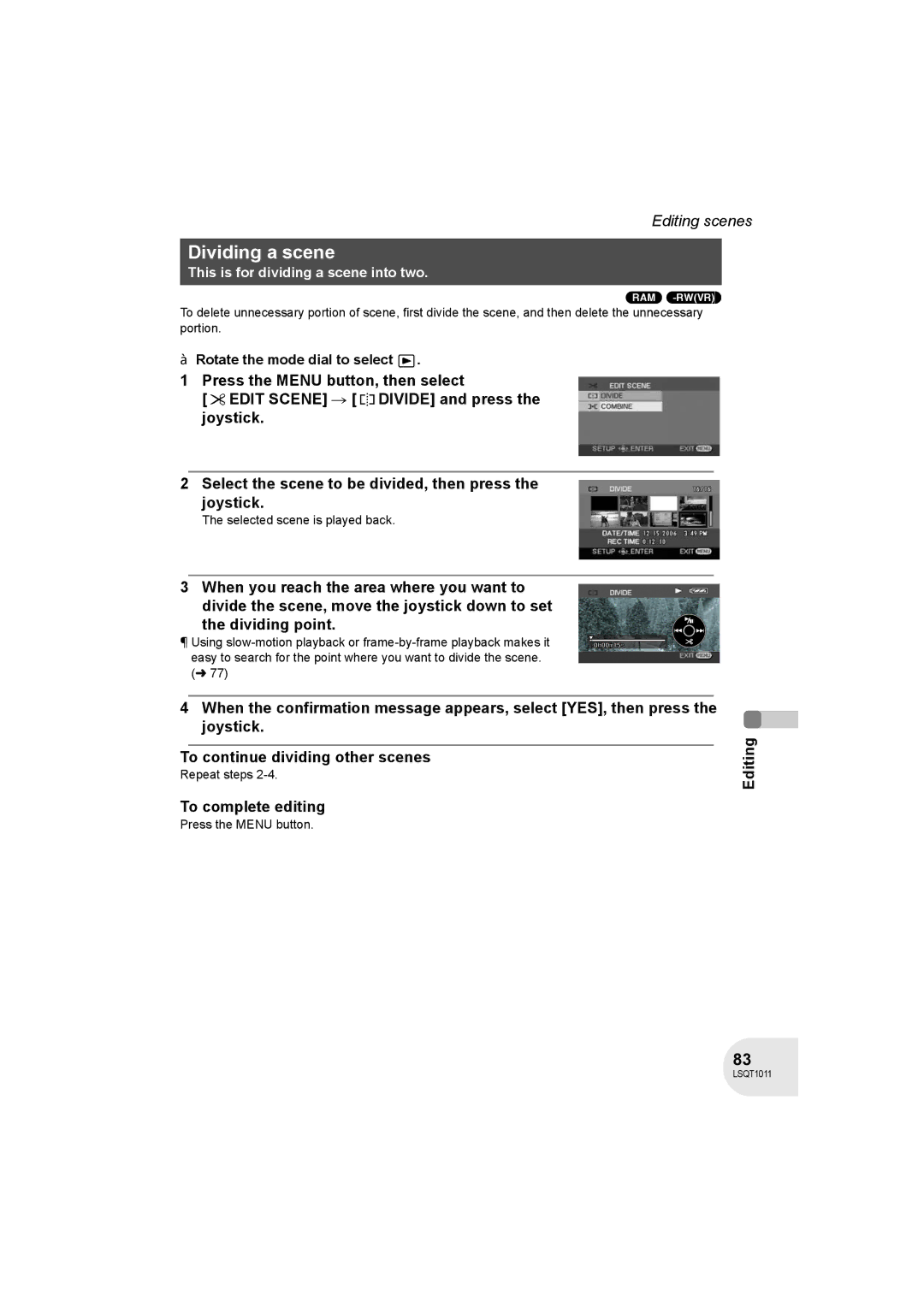 Panasonic VDR-D300 operating instructions Dividing a scene, Selected scene is played back 