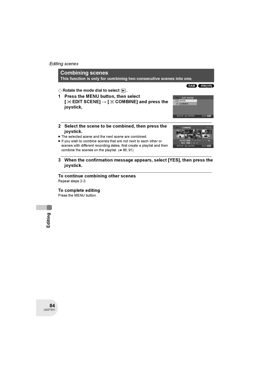 Panasonic VDR-D300 operating instructions Combining scenes, Ram -Rw‹Vr› 