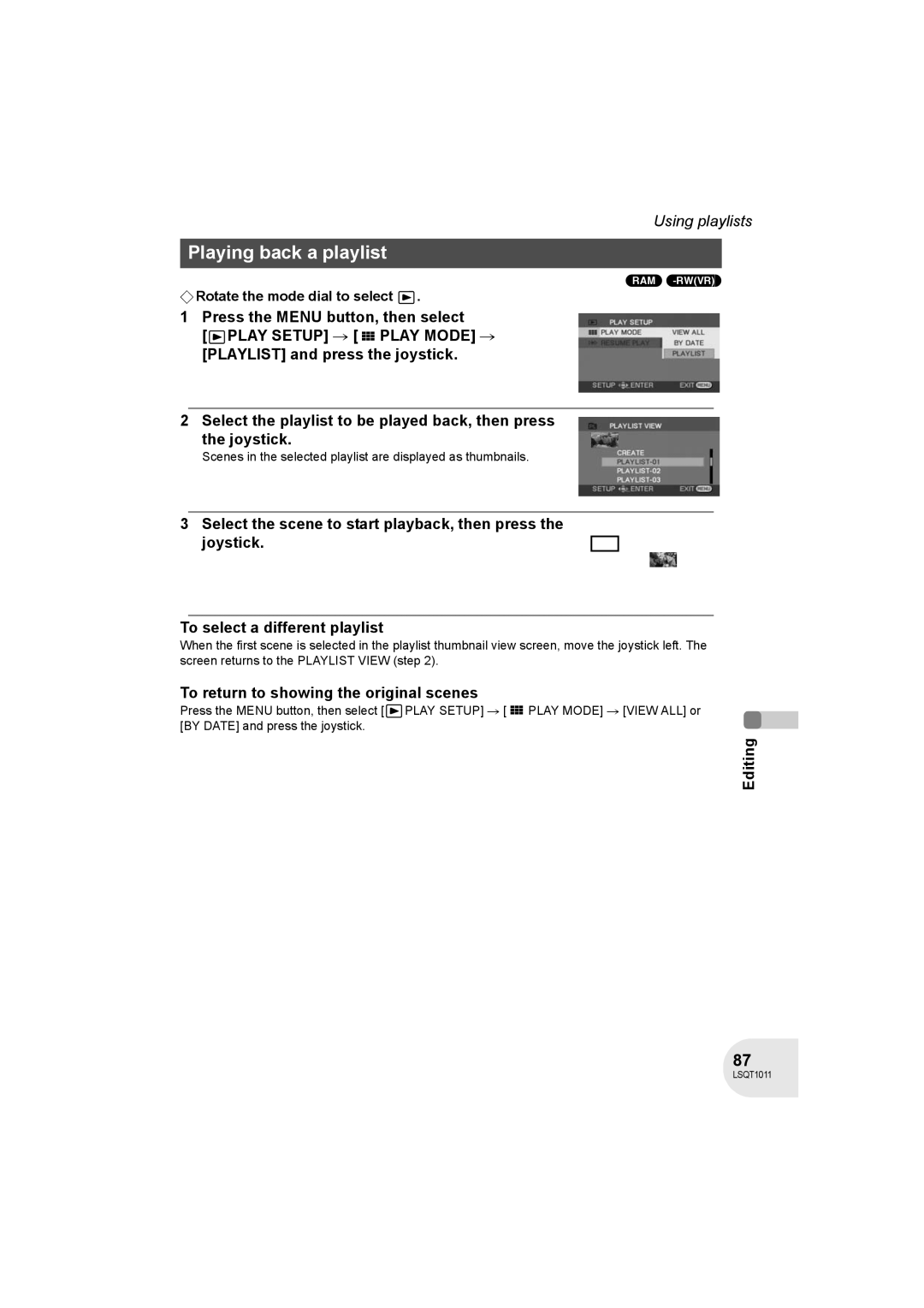 Panasonic VDR-D300 operating instructions Playing back a playlist, To return to showing the original scenes 