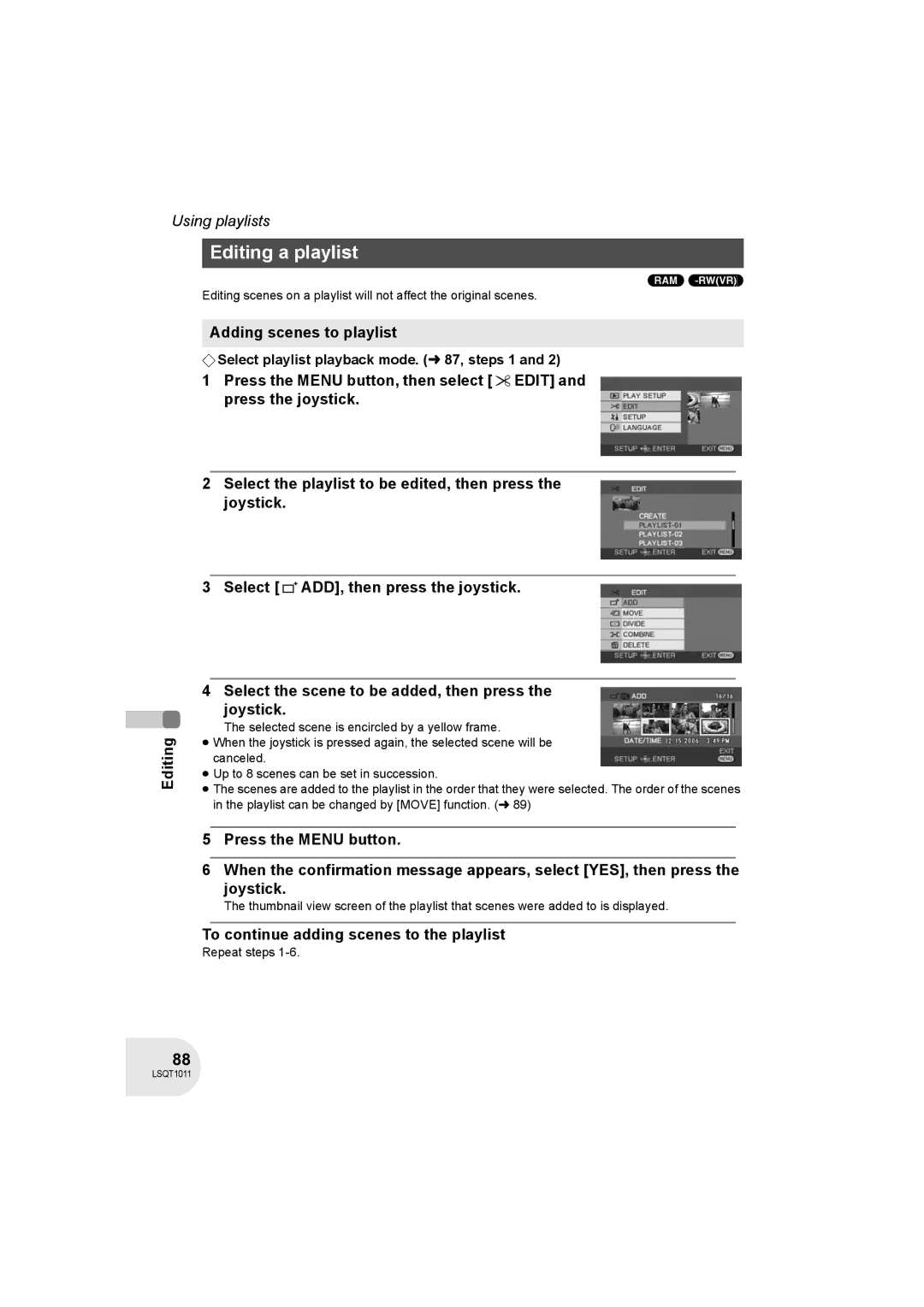 Panasonic VDR-D300 Editing a playlist, Adding scenes to playlist, To continue adding scenes to the playlist 