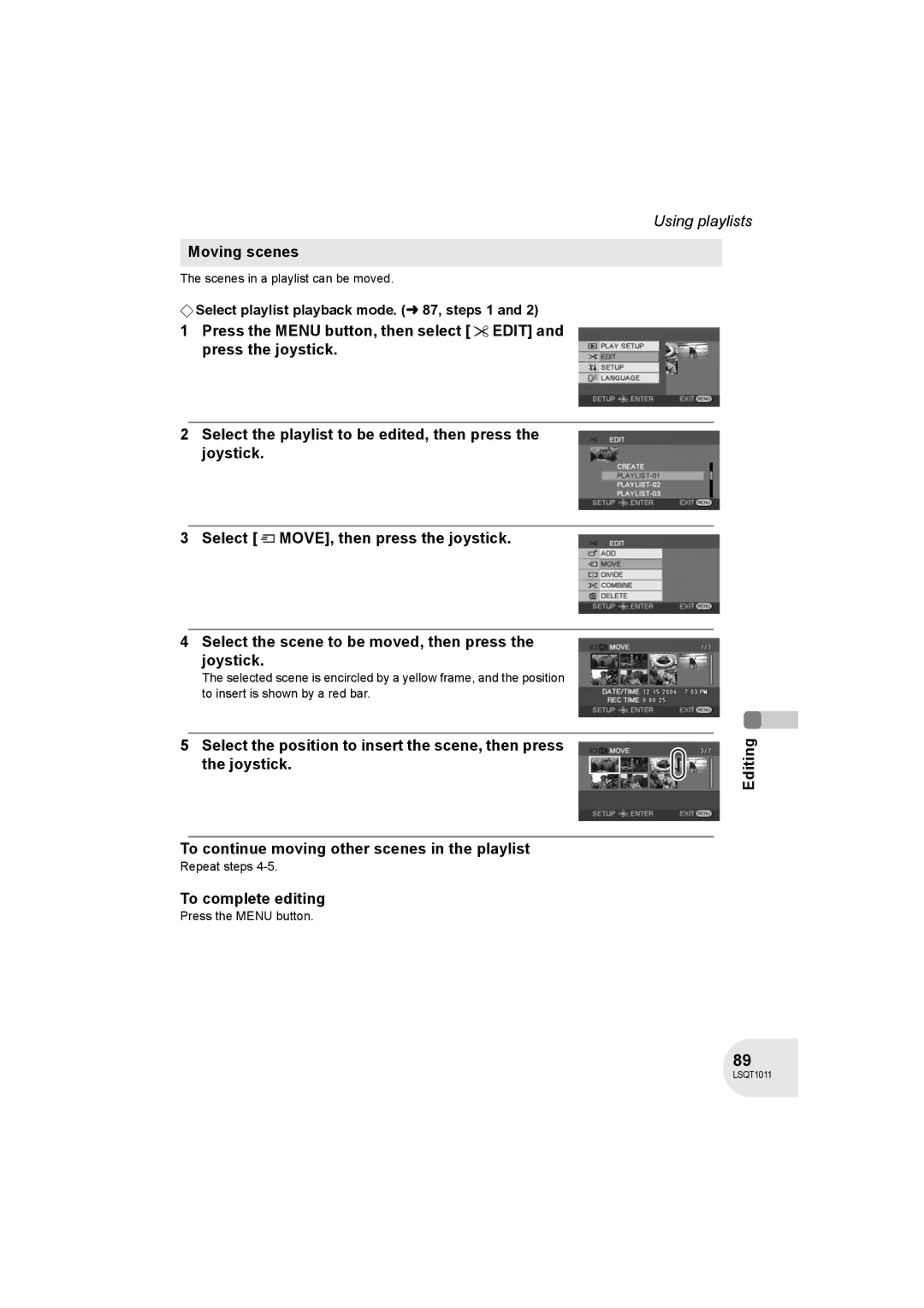 Panasonic VDR-D300 operating instructions Moving scenes, Scenes in a playlist can be moved 