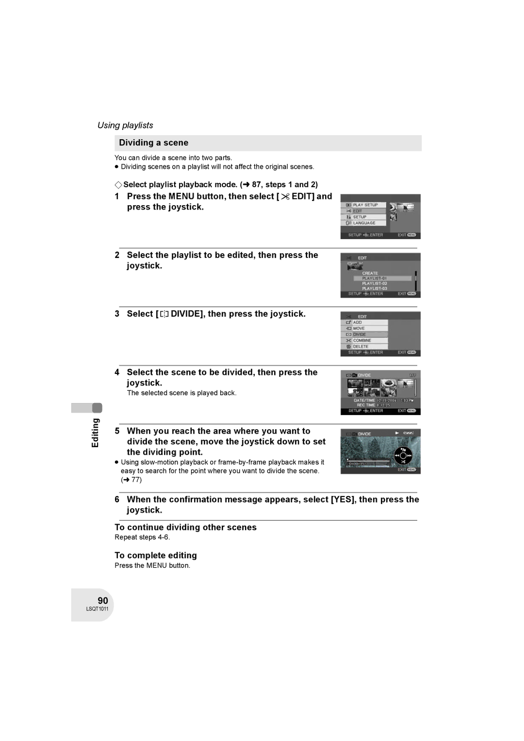 Panasonic VDR-D300 operating instructions Dividing a scene, Selected scene is played back 