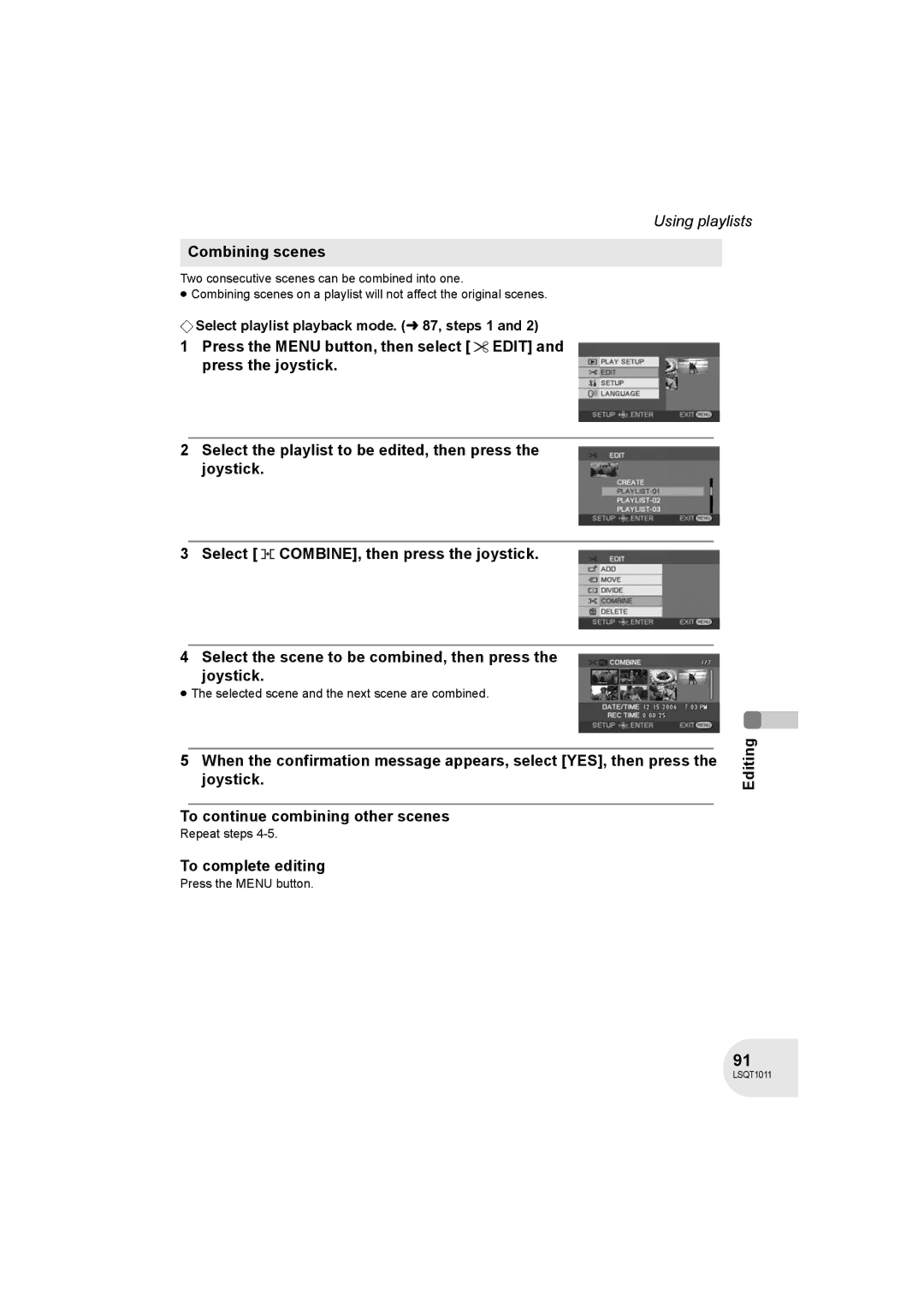 Panasonic VDR-D300 operating instructions Combining scenes, ≥ The selected scene and the next scene are combined 