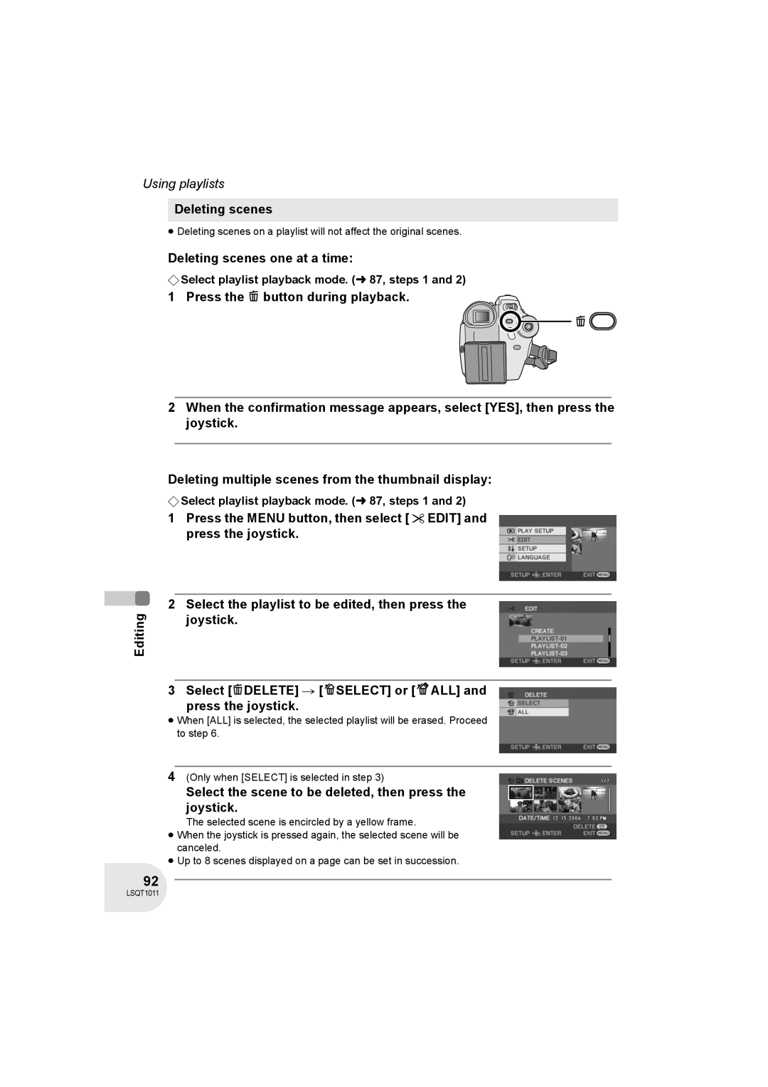 Panasonic VDR-D300 operating instructions Editing Deleting scenes one at a time 