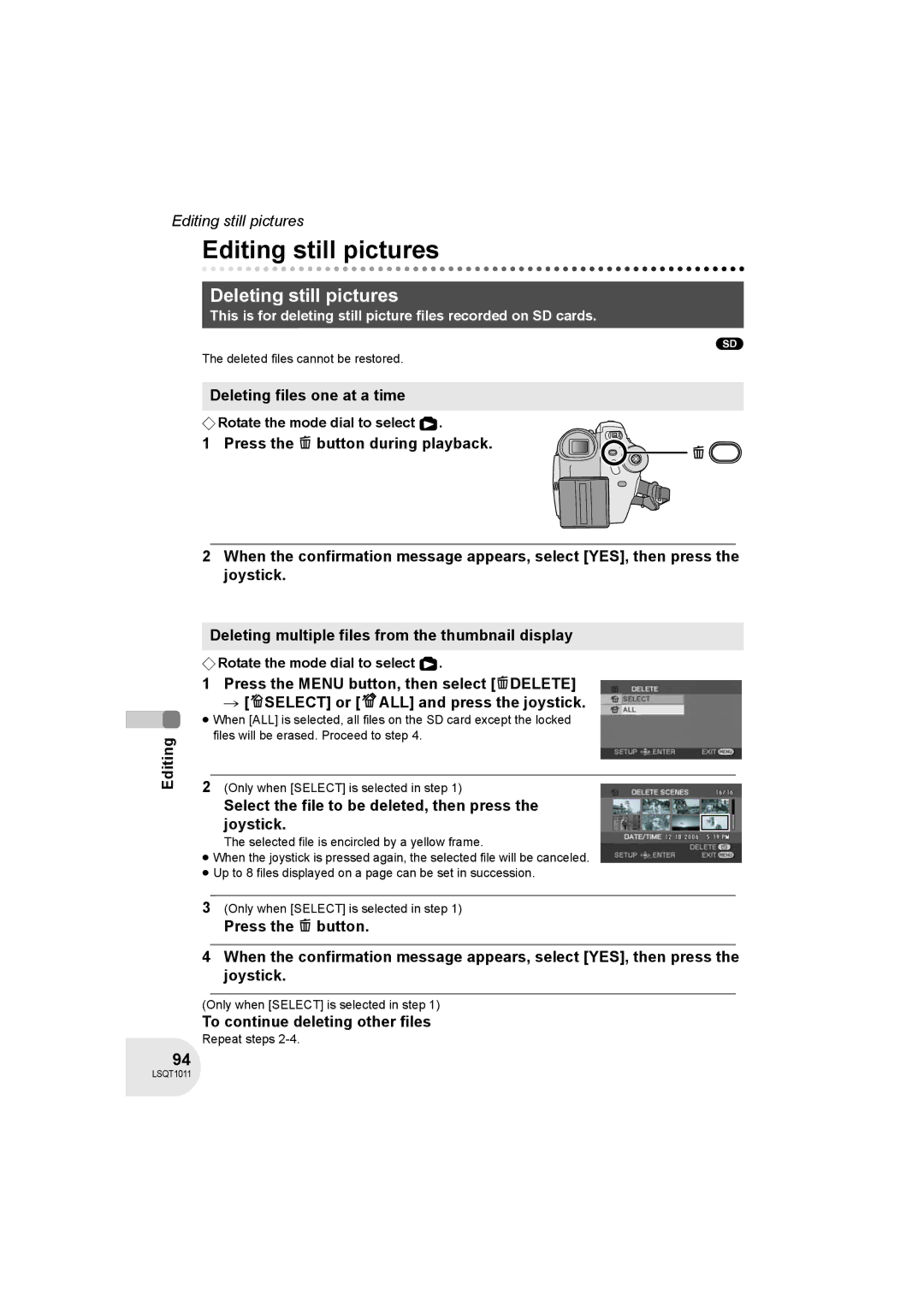 Panasonic VDR-D300 Editing still pictures, Deleting still pictures, Editing Deleting files one at a time 