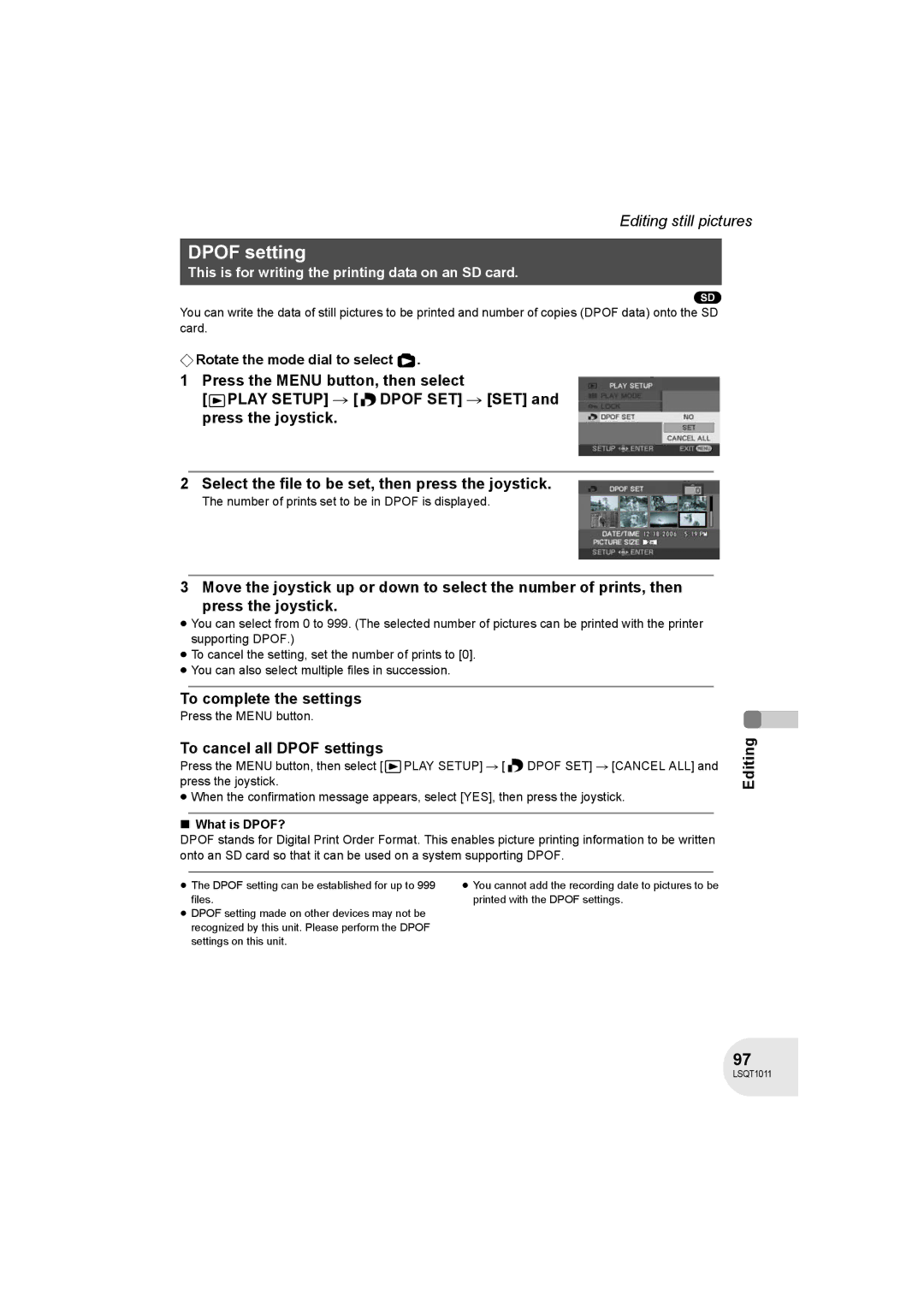 Panasonic VDR-D300 To cancel all Dpof settings, Number of prints set to be in Dpof is displayed, What is DPOF? 