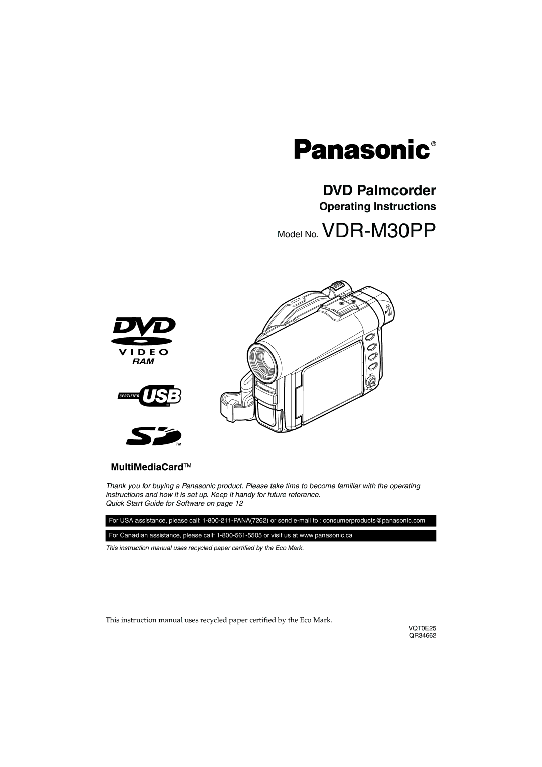 Panasonic VDR-M30PP operating instructions Operating Instructions, QR34662 