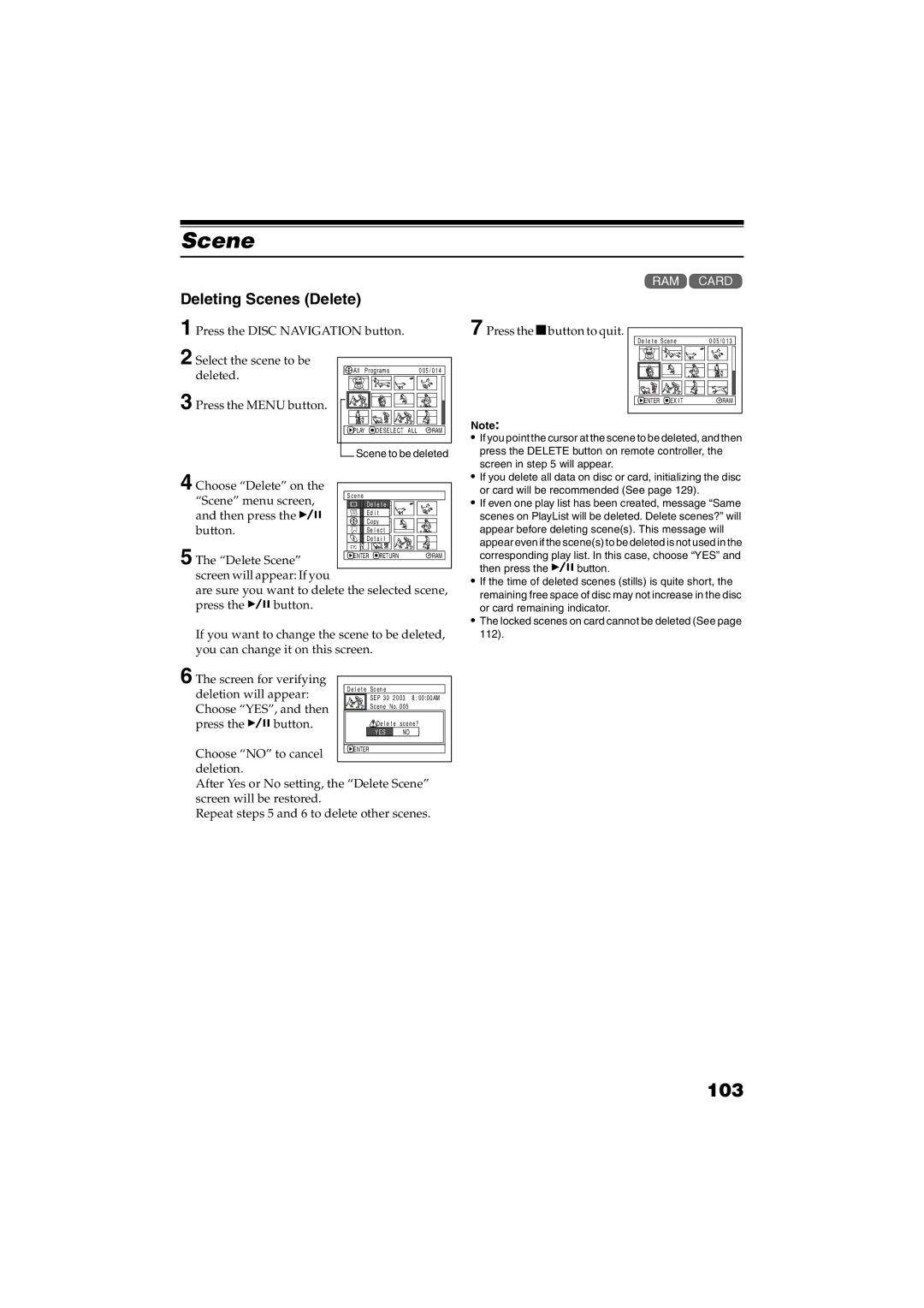 Panasonic VDR-M30PP operating instructions 103, Deleting Scenes Delete 