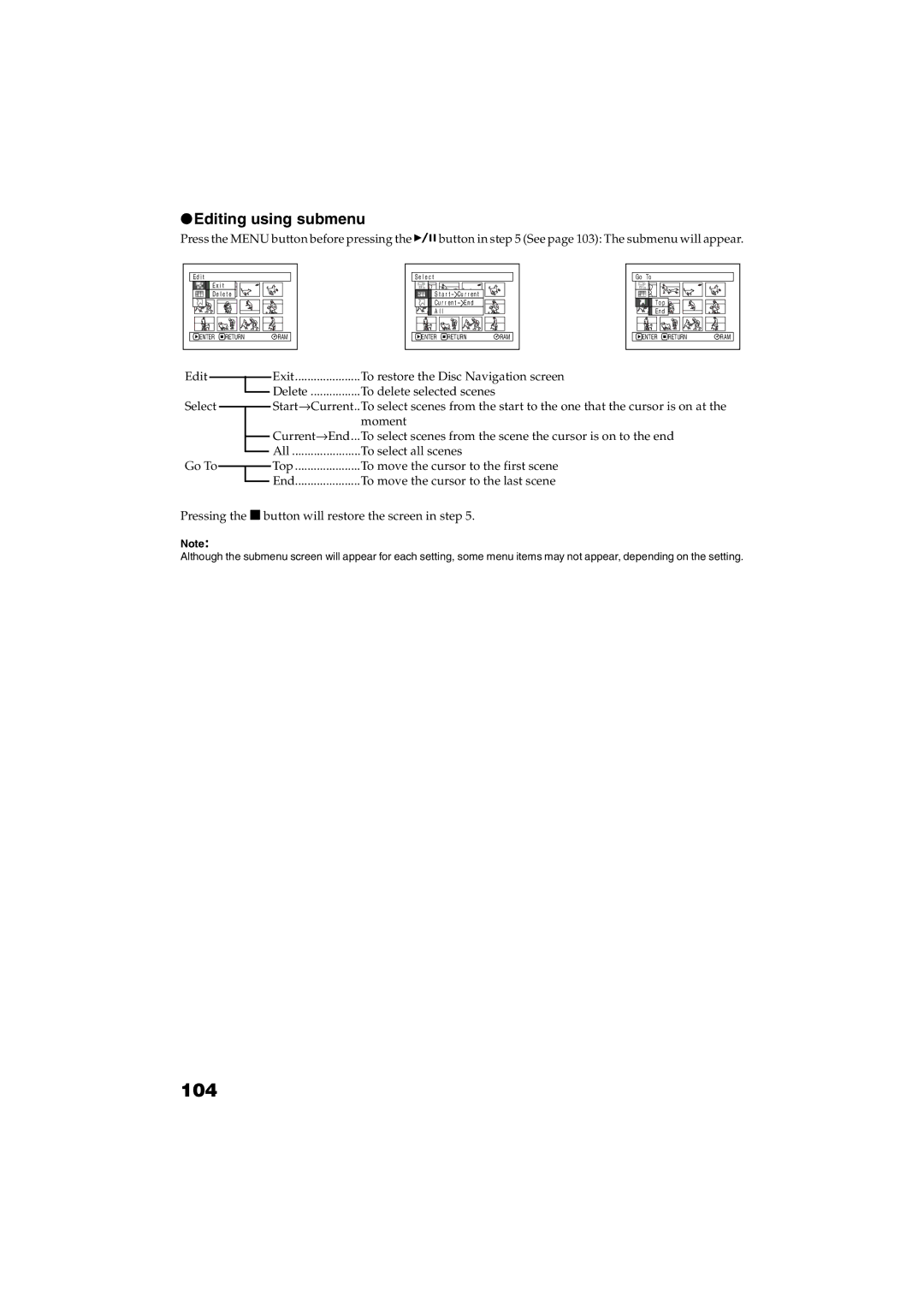 Panasonic VDR-M30PP operating instructions 104, Editing using submenu 