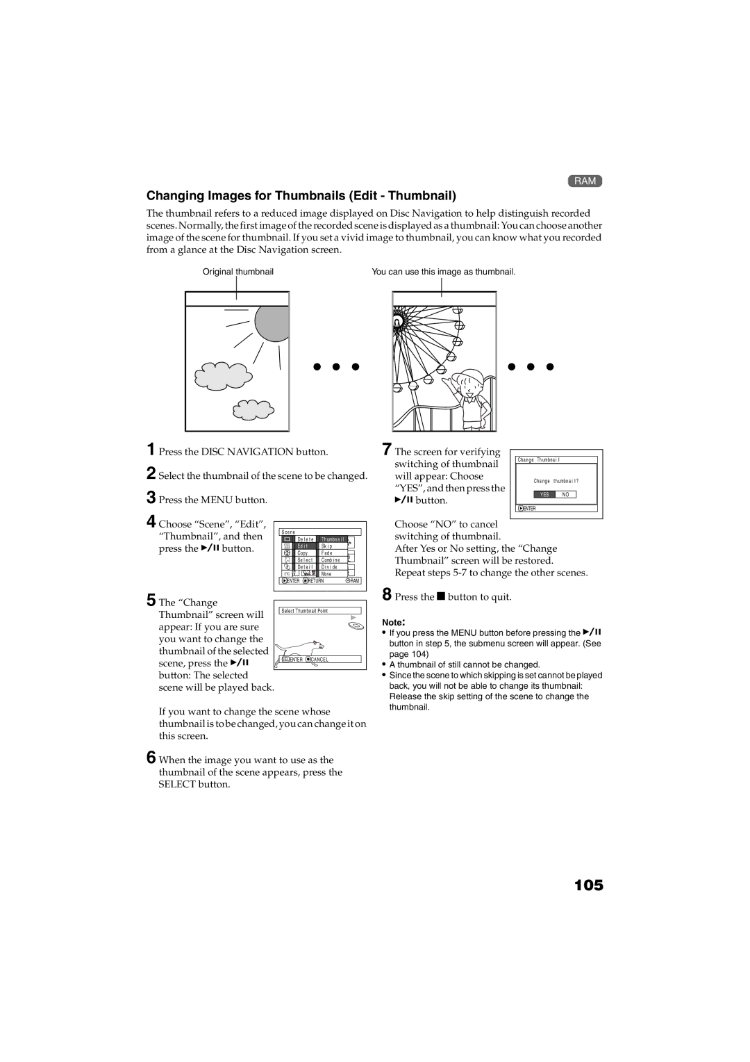 Panasonic VDR-M30PP operating instructions 105, Changing Images for Thumbnails Edit Thumbnail 