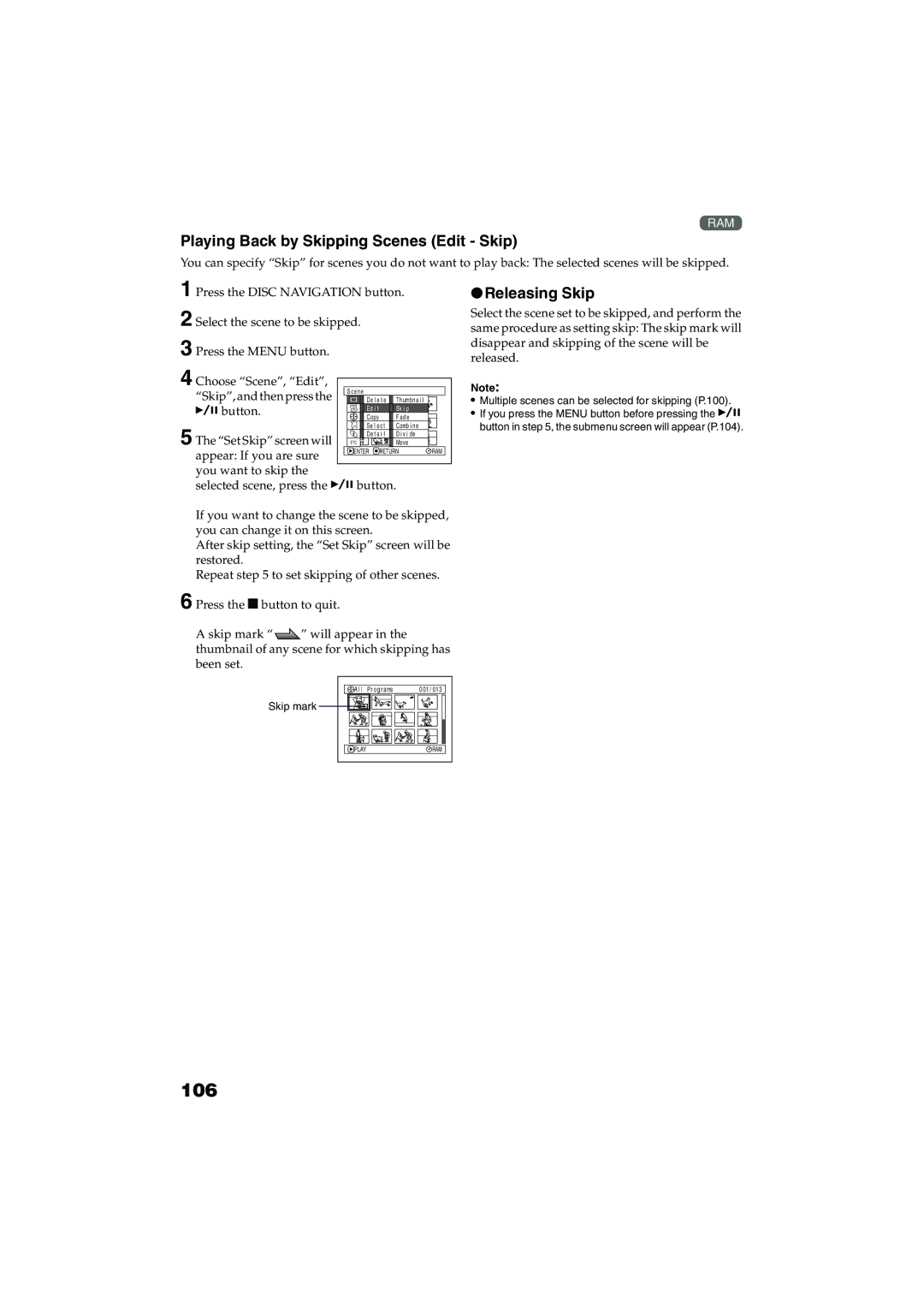 Panasonic VDR-M30PP operating instructions 106, Playing Back by Skipping Scenes Edit Skip, Releasing Skip 