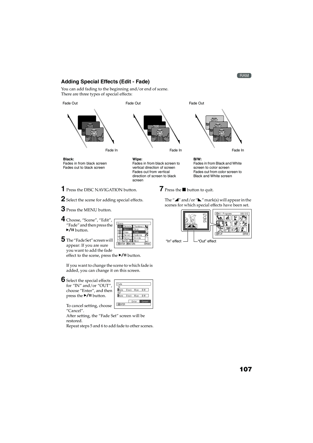 Panasonic VDR-M30PP operating instructions 107, Adding Special Effects Edit Fade 