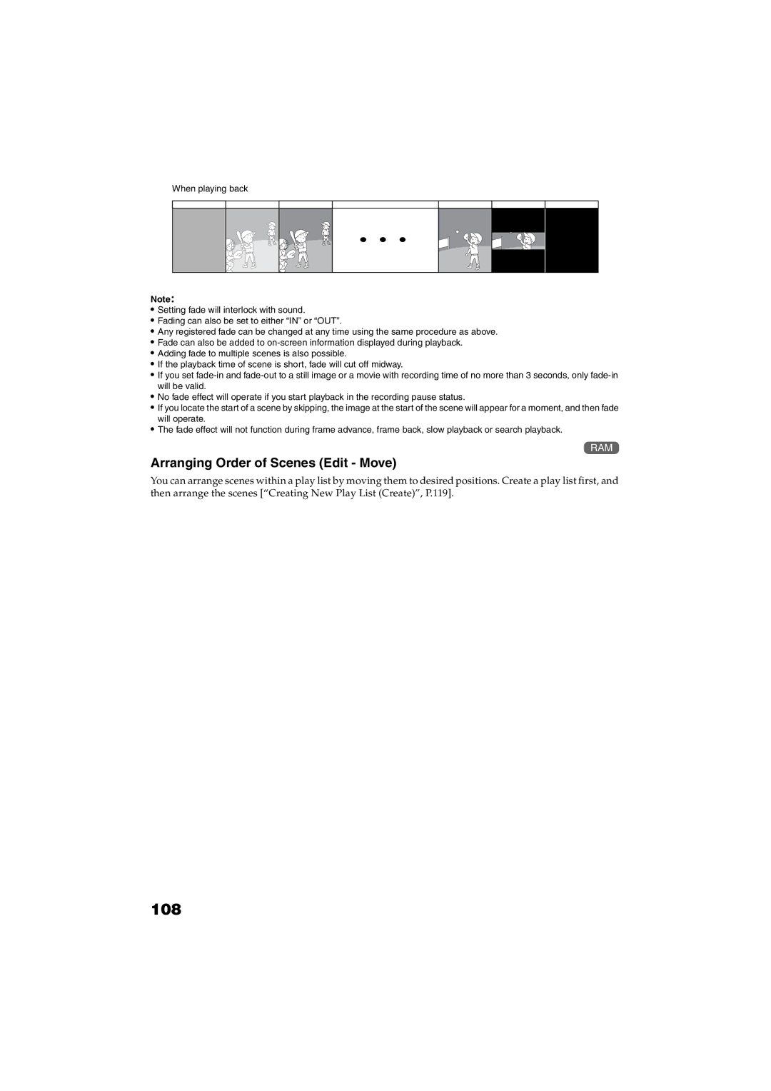 Panasonic VDR-M30PP operating instructions 108, Arranging Order of Scenes Edit Move 