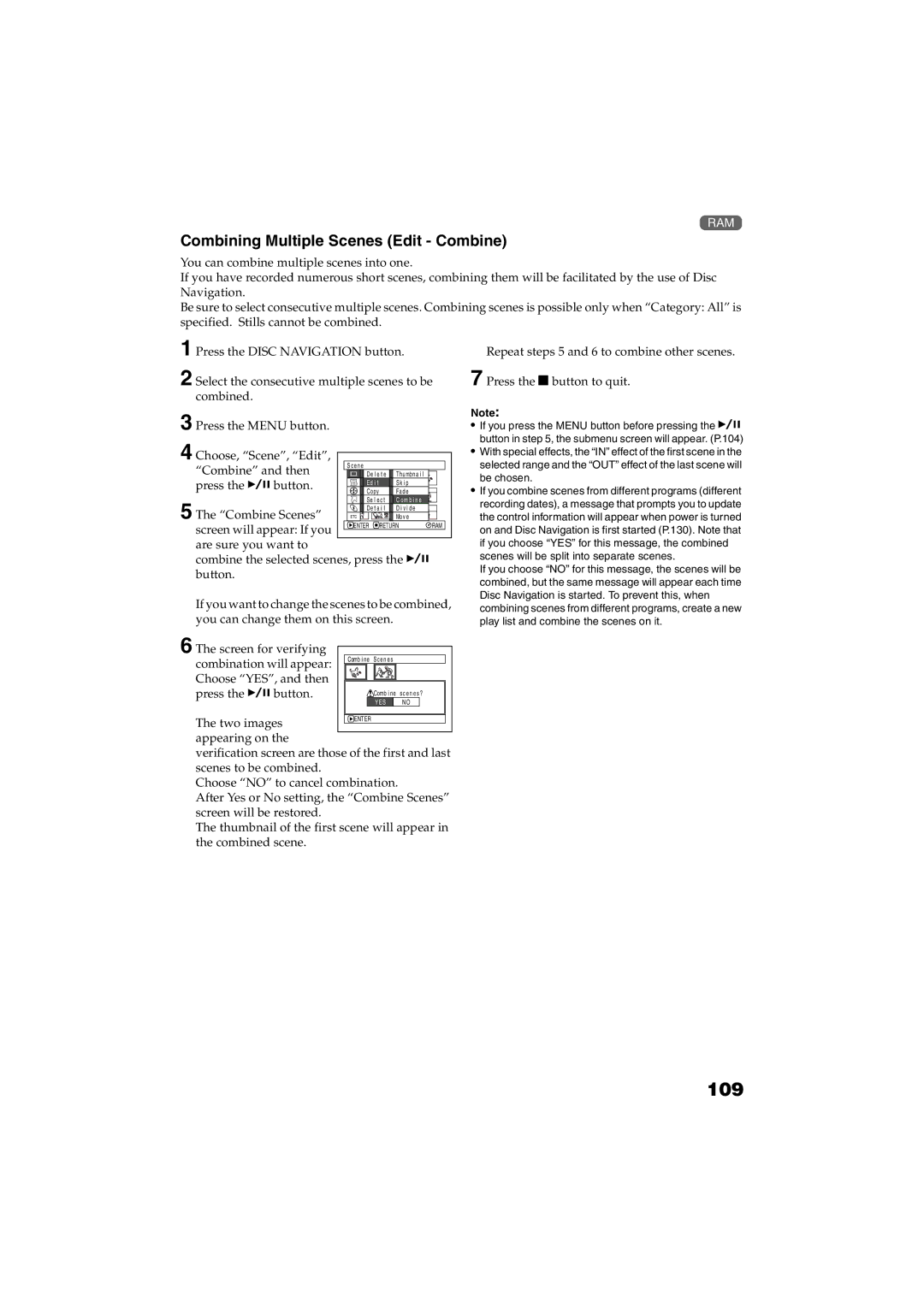 Panasonic VDR-M30PP operating instructions 109, Combining Multiple Scenes Edit Combine 