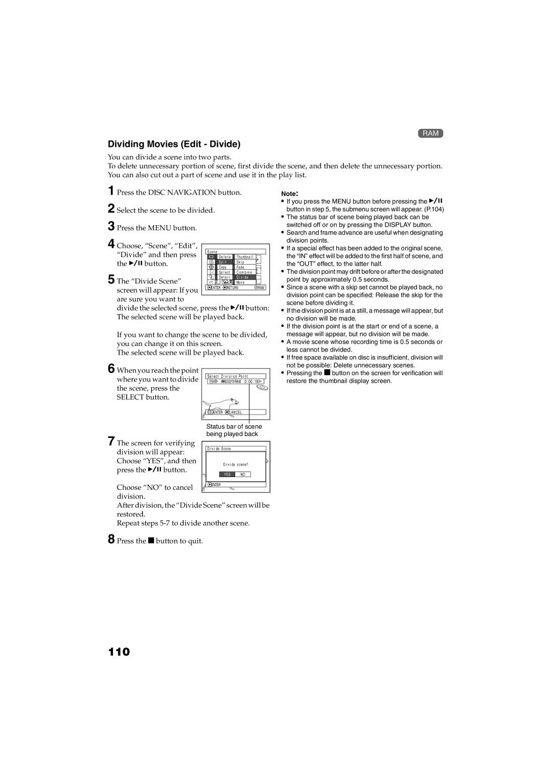 Panasonic VDR-M30PP 110, Dividing Movies Edit Divide, Divide and then press, Divide Scene, Division will appear 