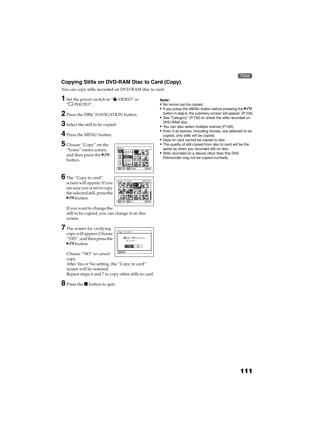 Panasonic VDR-M30PP operating instructions 111, Copying Stills on DVD-RAM Disc to Card Copy, Copy to card 