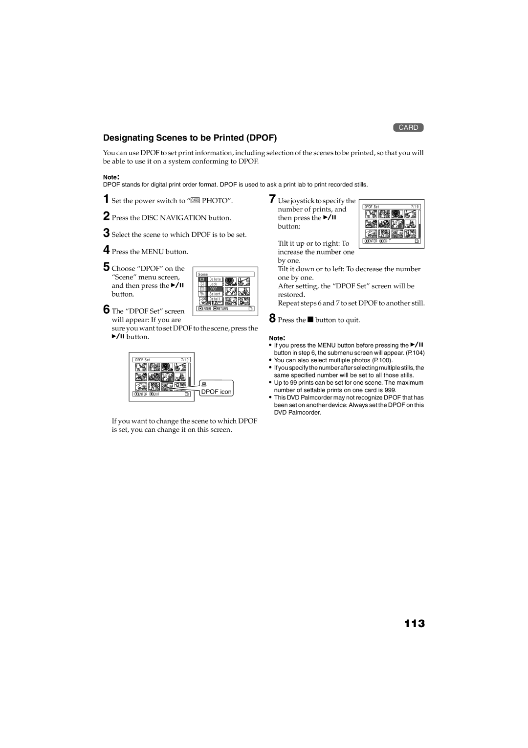 Panasonic VDR-M30PP operating instructions 113, Designating Scenes to be Printed Dpof 