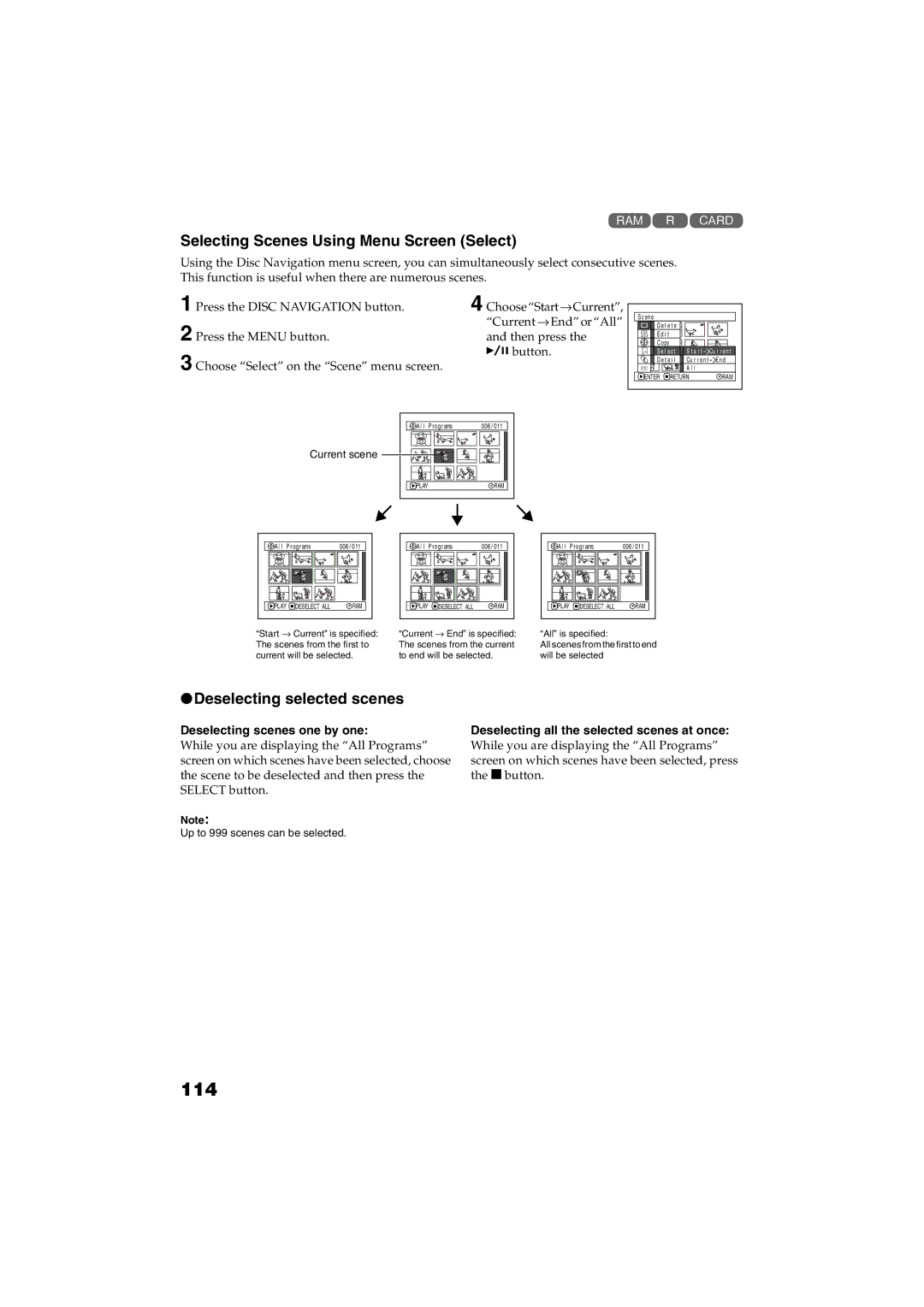 Panasonic VDR-M30PP operating instructions 114, Selecting Scenes Using Menu Screen Select, Deselecting selected scenes 