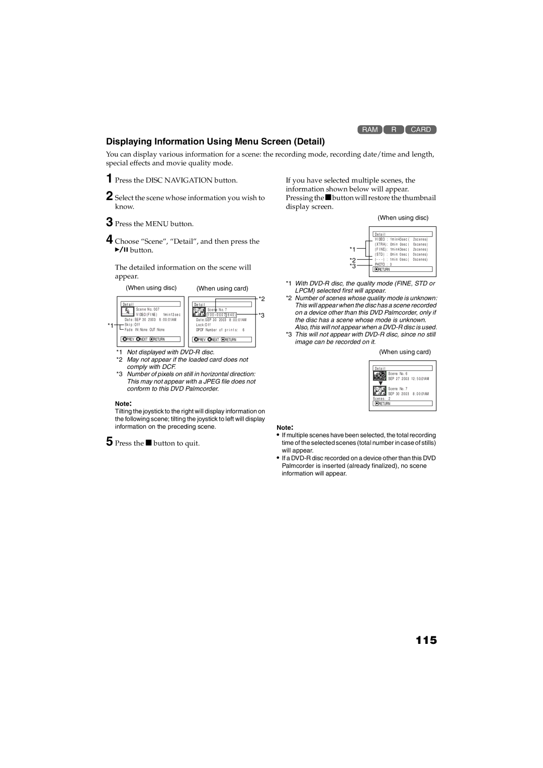 Panasonic VDR-M30PP operating instructions 115, Displaying Information Using Menu Screen Detail, When using disc 