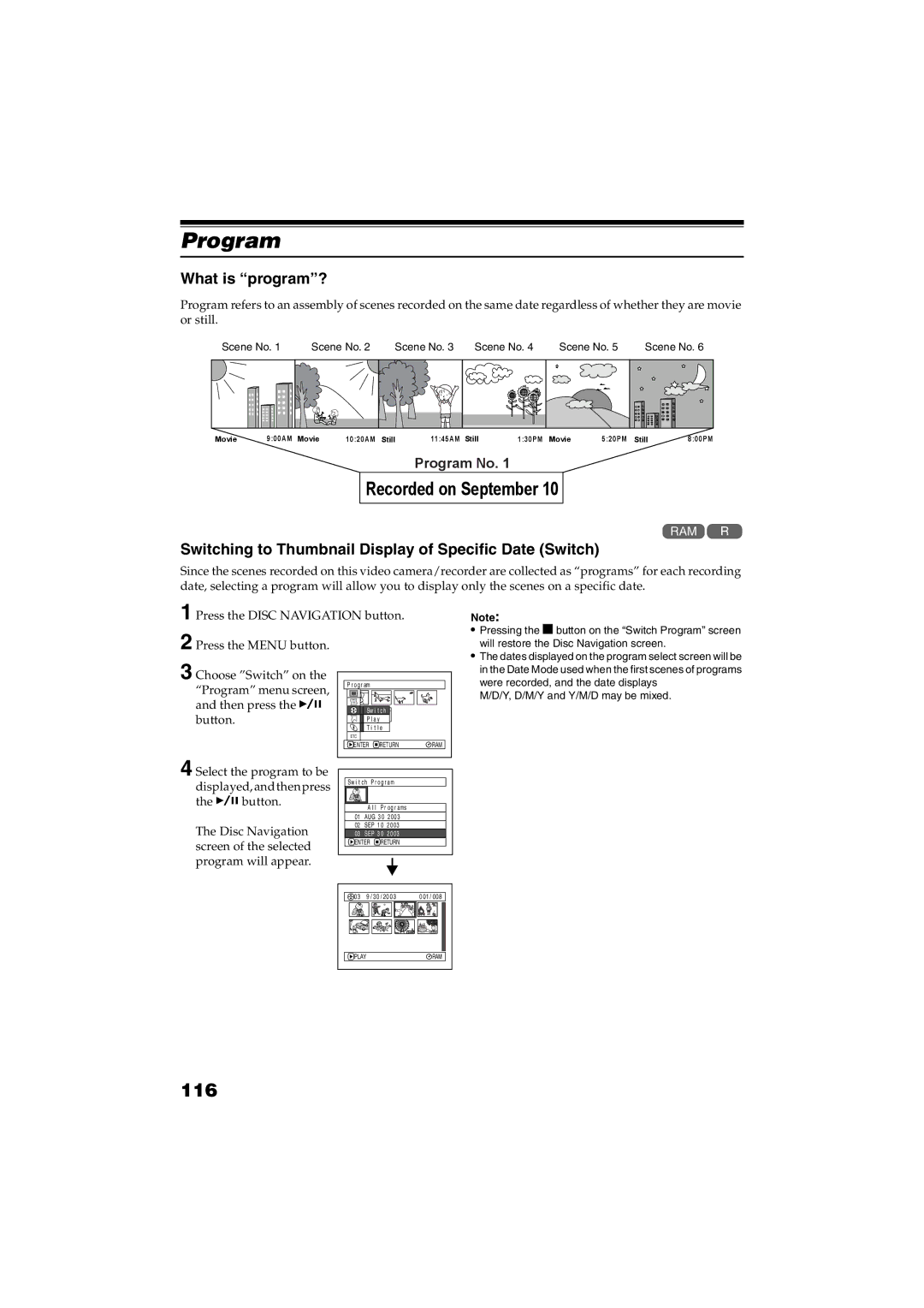 Panasonic VDR-M30PP Program, 116, What is program?, Switching to Thumbnail Display of Specific Date Switch 