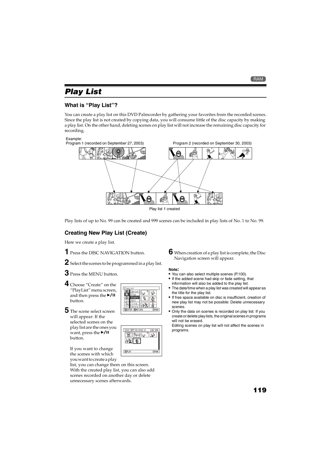 Panasonic VDR-M30PP operating instructions 119, What is Play List?, Creating New Play List Create 