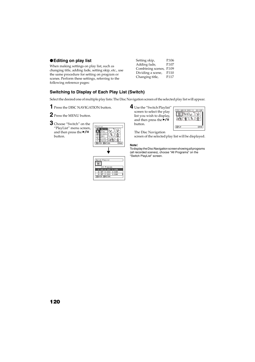 Panasonic VDR-M30PP operating instructions 120, Editing on play list, Switching to Display of Each Play List Switch 