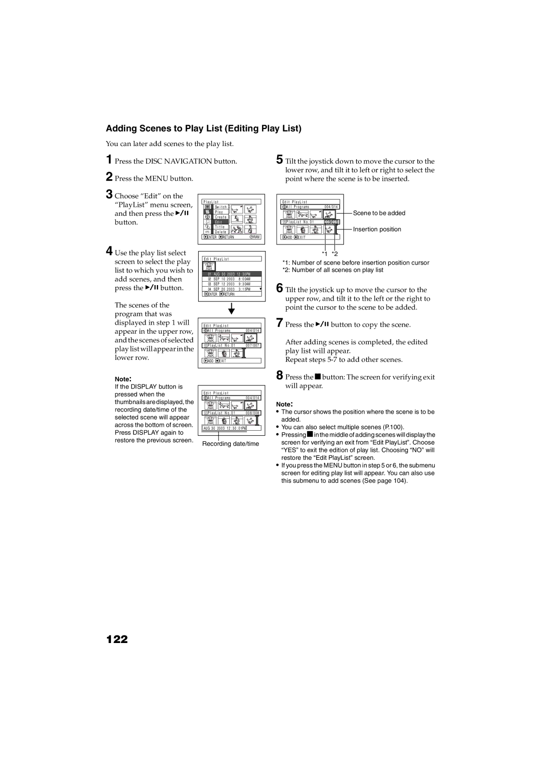 Panasonic VDR-M30PP operating instructions 122, Adding Scenes to Play List Editing Play List 