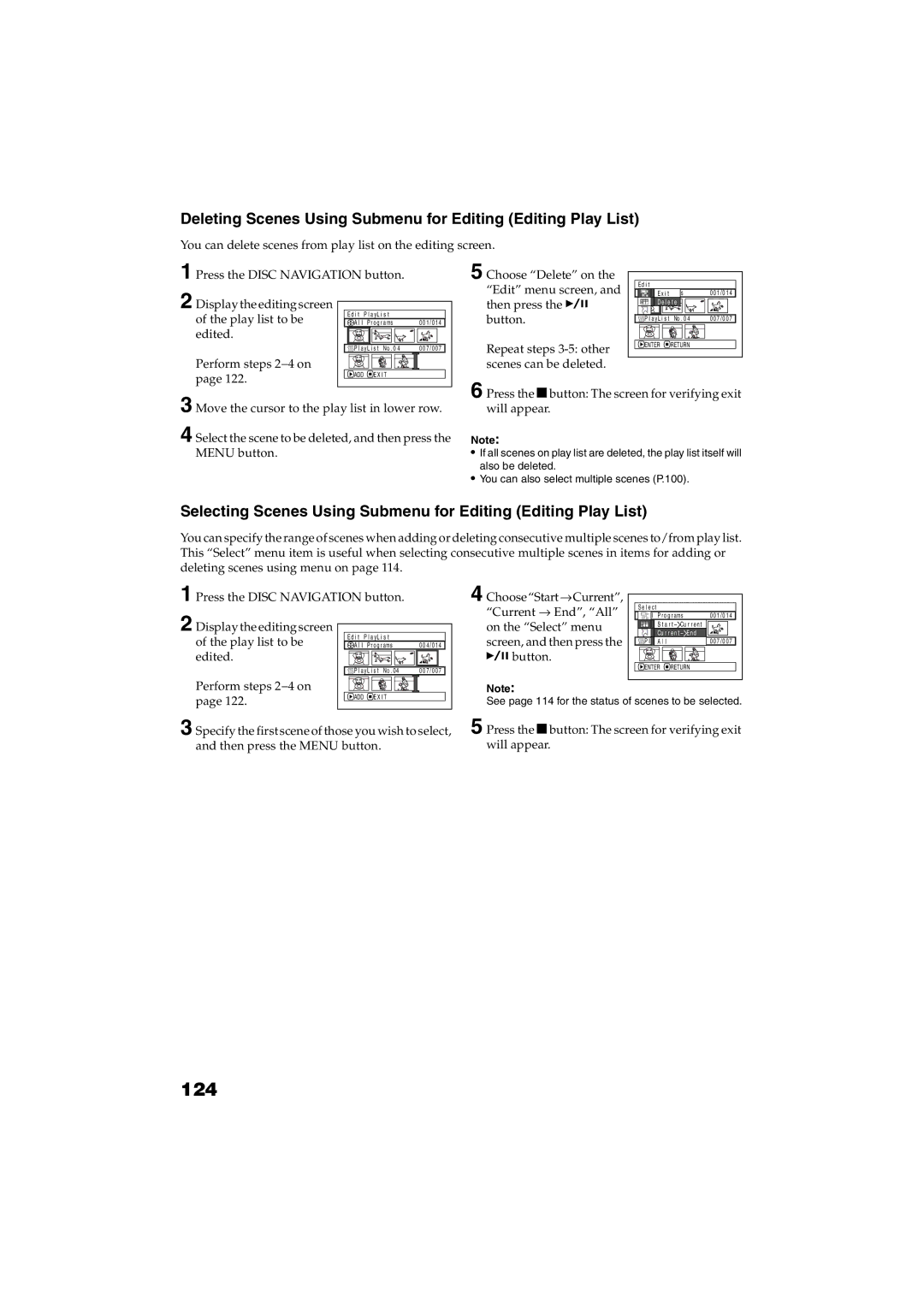 Panasonic VDR-M30PP operating instructions 124, Deleting Scenes Using Submenu for Editing Editing Play List 