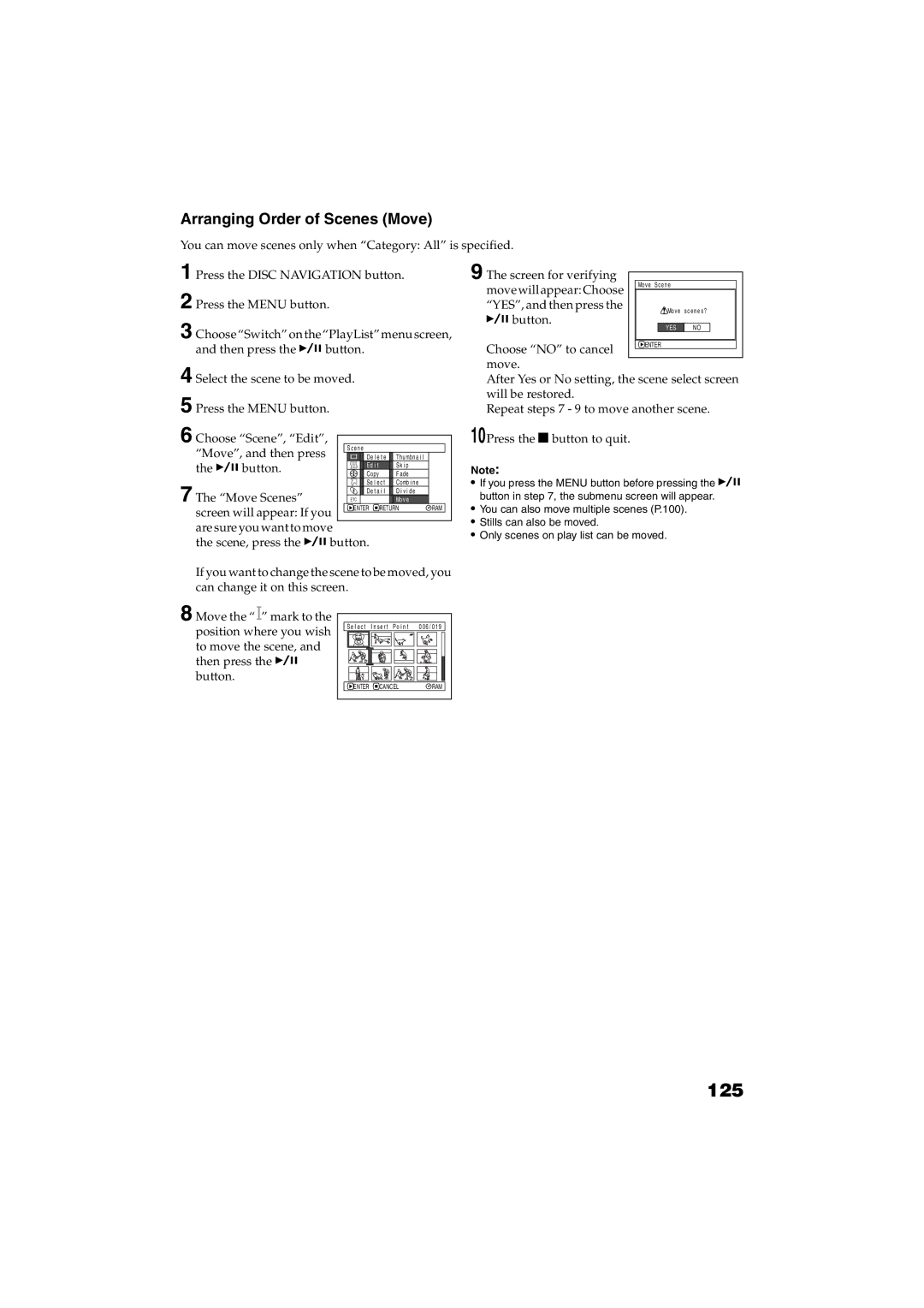 Panasonic VDR-M30PP 125, Arranging Order of Scenes Move, Move Scenes, MovewillappearChoose YES, and then press 