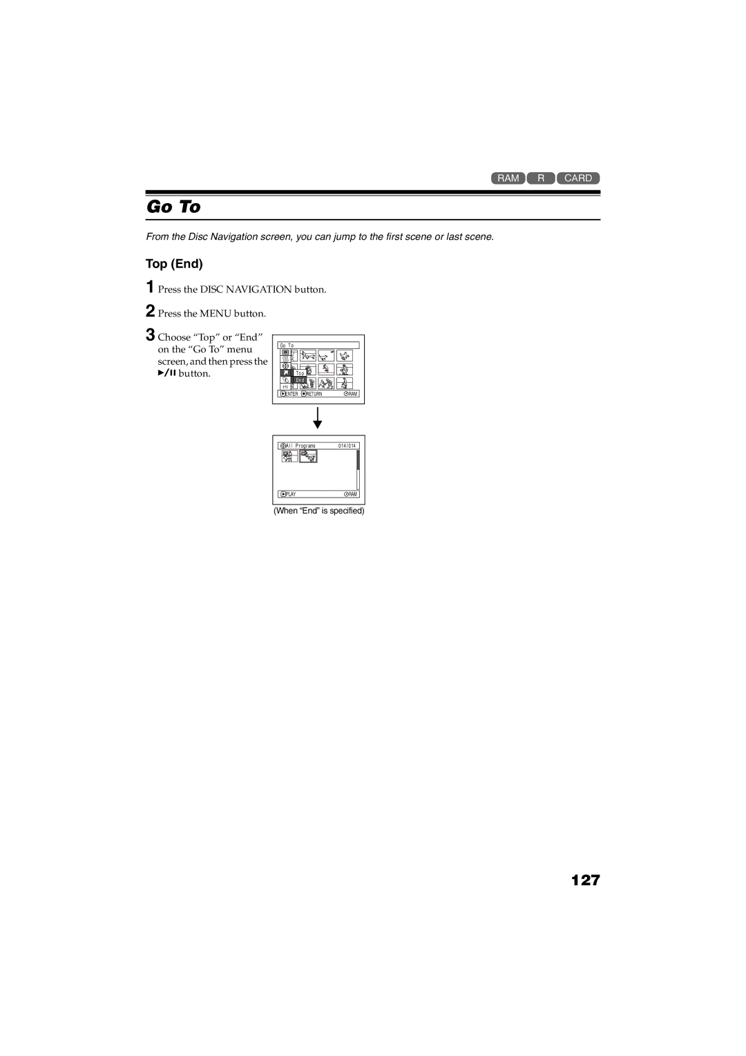 Panasonic VDR-M30PP Go To, 127, Top End, Press the Disc Navigation button Press the Menu button, When End is specified 