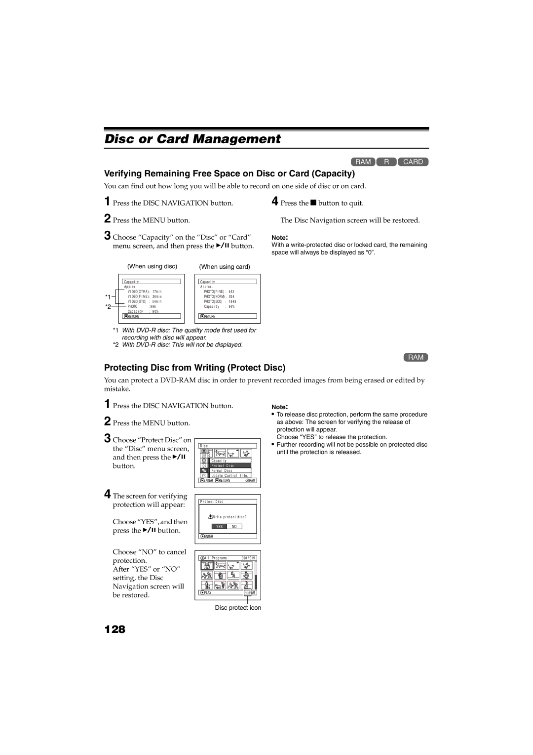 Panasonic VDR-M30PP Disc or Card Management, 128, Verifying Remaining Free Space on Disc or Card Capacity 