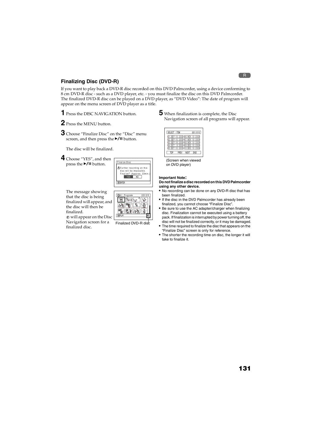 Panasonic VDR-M30PP operating instructions 131, Finalizing Disc DVD-R, Screen when viewed on DVD player 