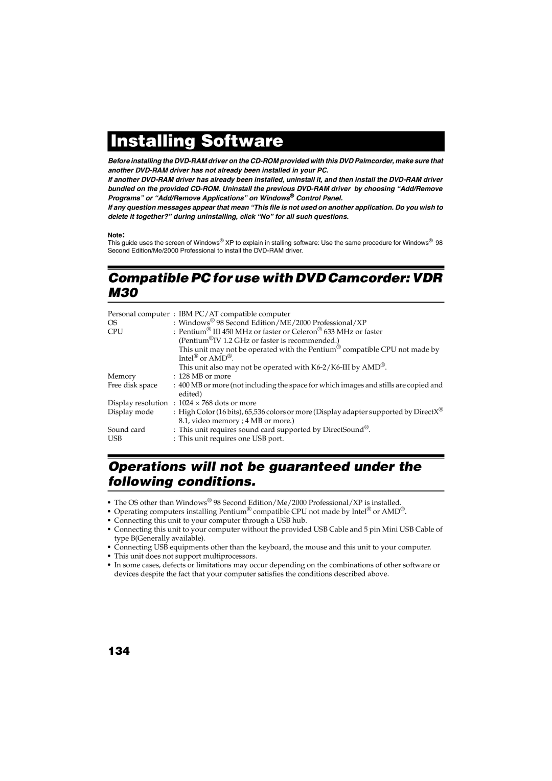 Panasonic VDR-M30PP operating instructions Compatible PC for use with DVD Camcorder VDR M30, 134 