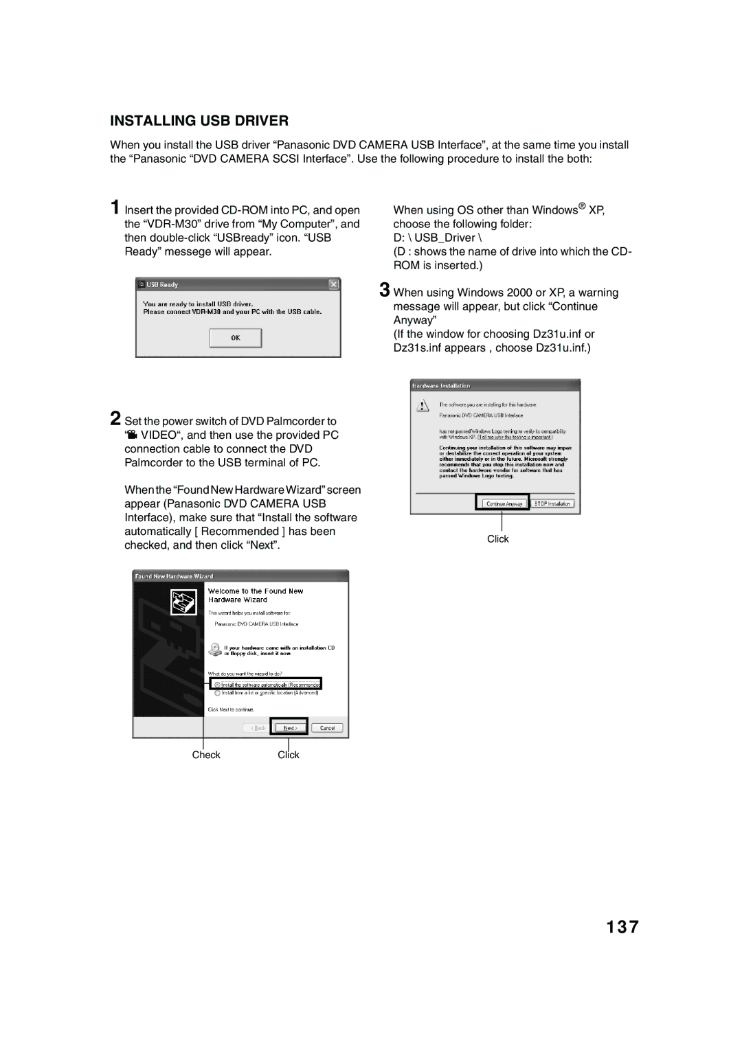 Panasonic VDR-M30PP operating instructions 137, Click CheckClick 