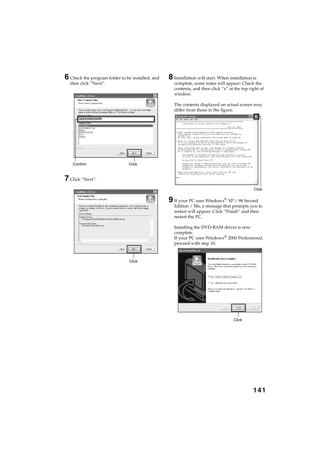 Panasonic VDR-M30PP operating instructions 141, ConfirmClick 